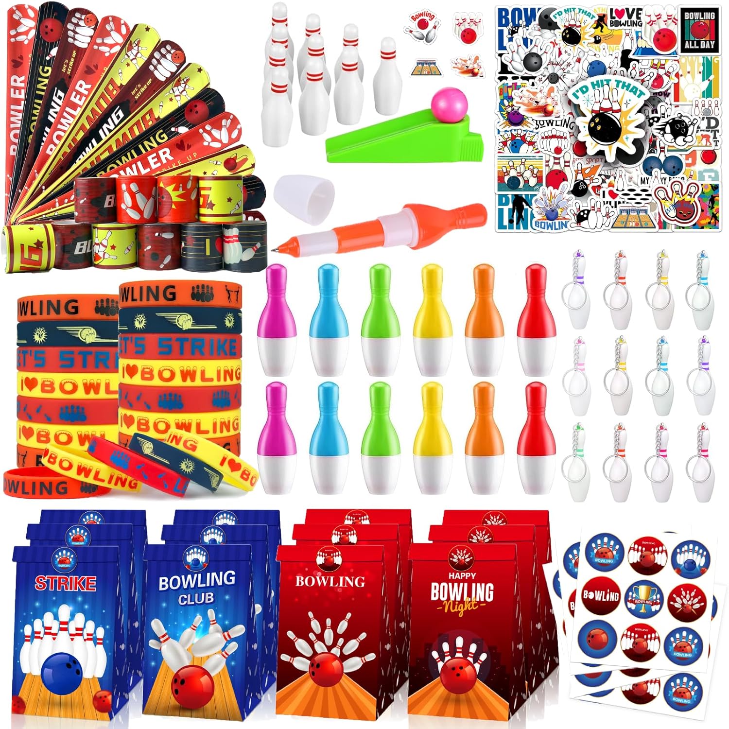 Bowling Party Favors Themed Birthday Party Decorations Supplies Include Keychains Slap Bracelets Goodie Bags Stickers Mini Bowling Game Toy Set Bowling Party Favors Gifts for Pinata Filler