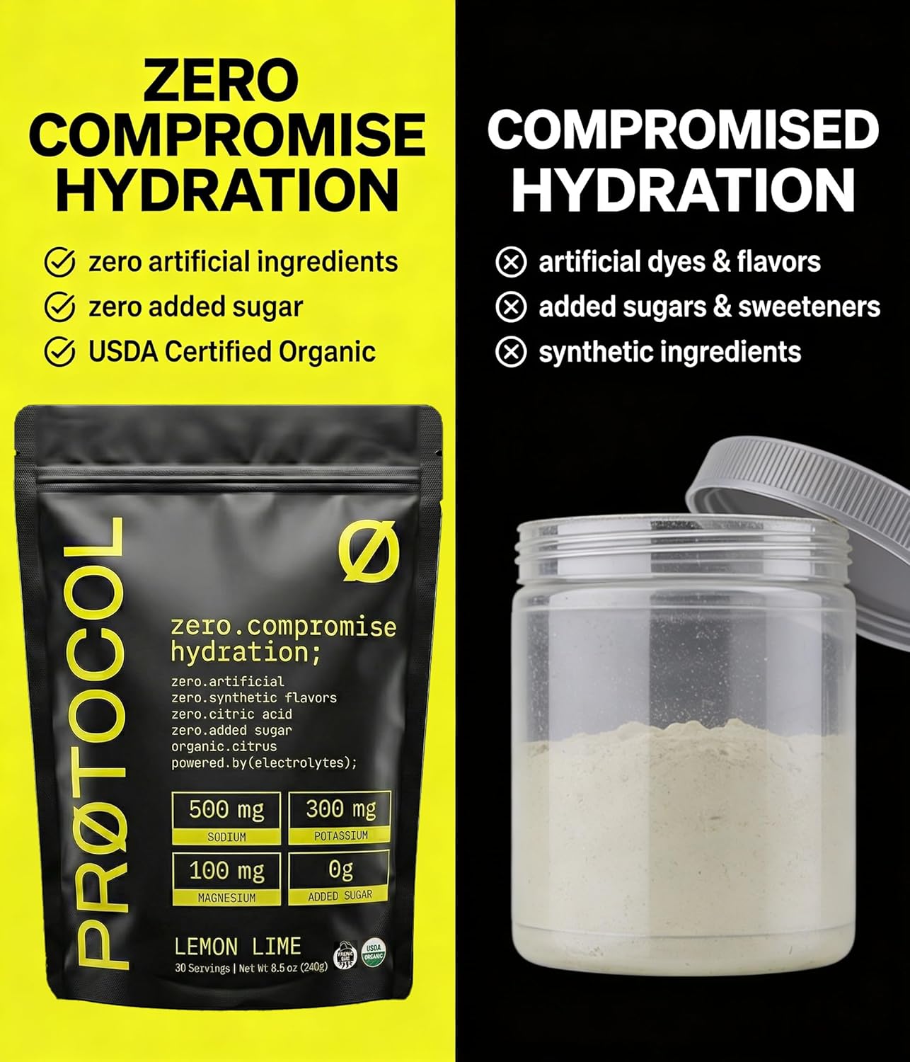 Protocol Organic Electrolyte Powder - Clean Electrolytes - Lemon Lime - Sugar Free Hydration Drink Mix | 500mg Sodium, 300mg Potassium, 100mg Magnesium - No Citric Acid, No Artificial Flavor