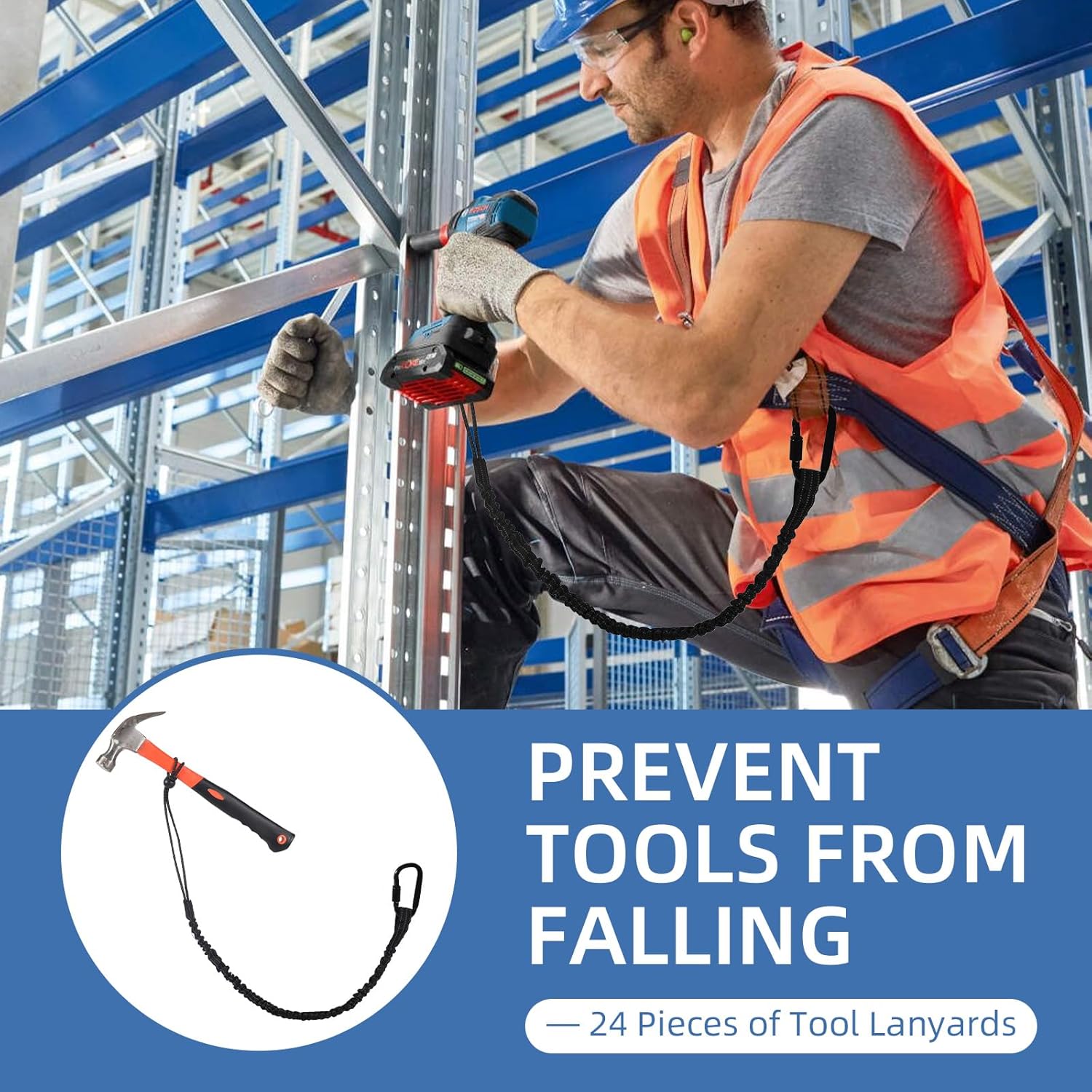 24 Pack Safety Tether Tool Lanyard, Standard Length Safety Tool Leash Fall Protection Tether with Screw Lock Carabiner & Adjustable Loop End, Maximum Weight Limit 9KG/19.8LBS