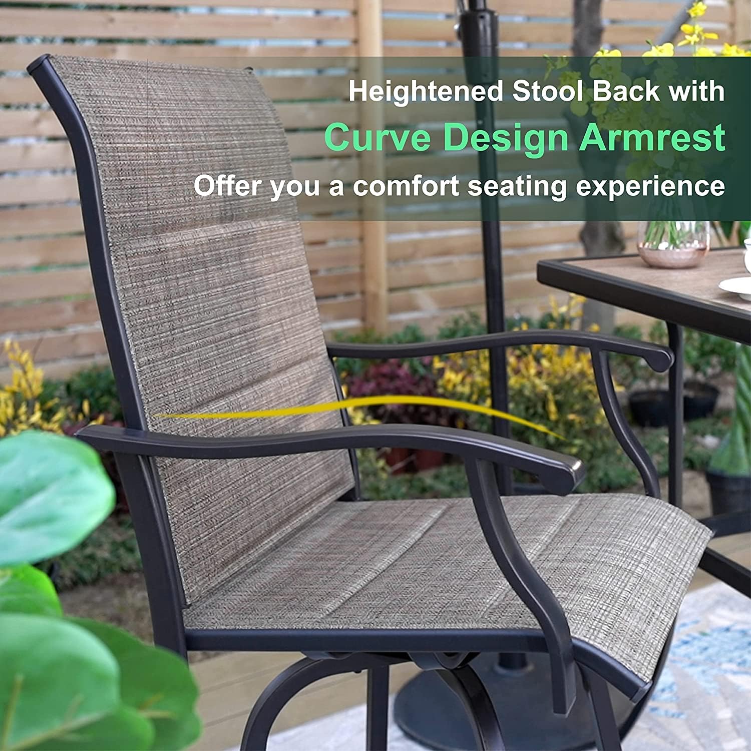 MFSTUDIO 2 PCS Padded Outdoor Swivel Bar Stools, Patio Bar Height Sling Chairs, Steel Frame All-Weather Resistant, Brown : Patio, Lawn & Garden