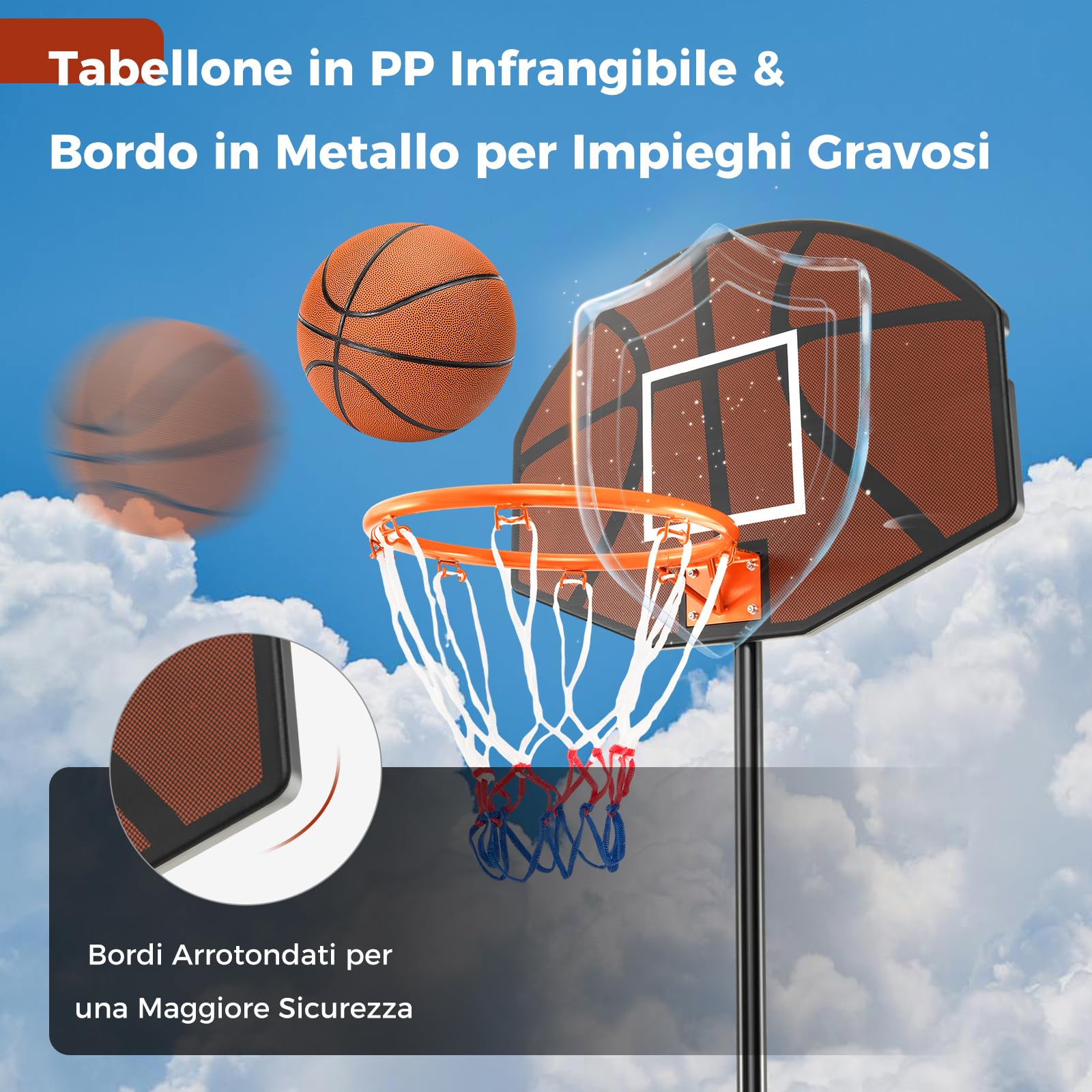 Canestro Basket Portatile Yaheetech - Regolabile In Altezza (182-212cm), Con Tabellone Trasparente E Ruote, Blu - Foto 4
