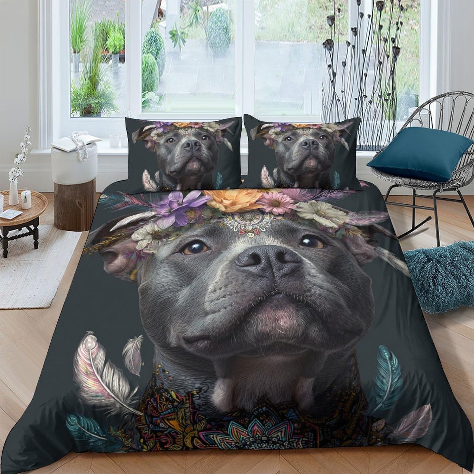 GPLZQXKJNH 3D Printed Dog Portrait Duvet Cover Microfiber Soft Floral Crown Bedding Set with 2 Pillowcases for Bedroom Home Decor Single（135x200cm）