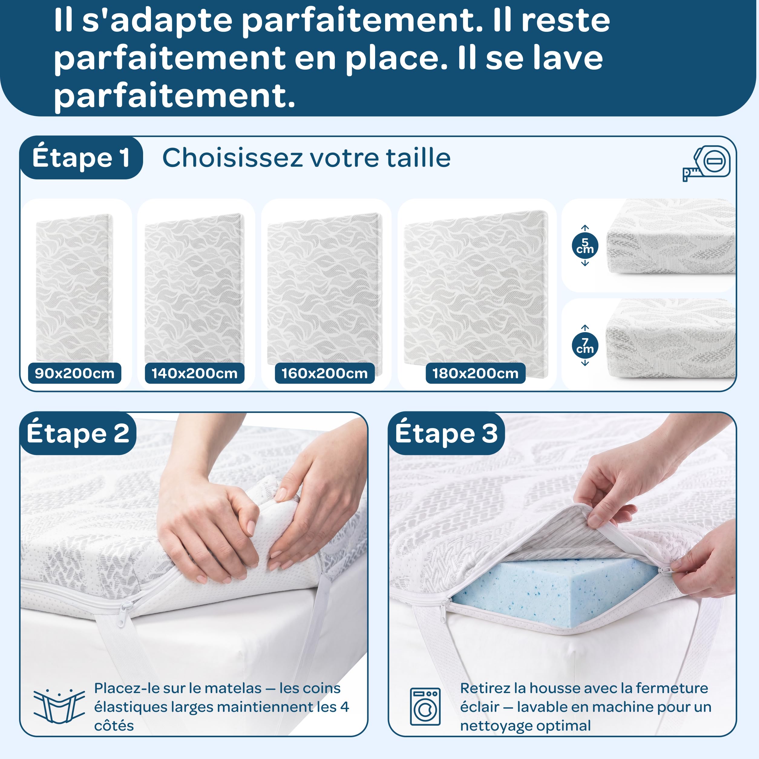 DOLCISOGNI Surmatelas 90x200 Mémoire de Forme Gel Rafraîchissant | H2/H3 sur Matelas avec Revêtement Silver Yarn Antibactérien | Surmatelas Rafraichissant | 5cm Hauteur