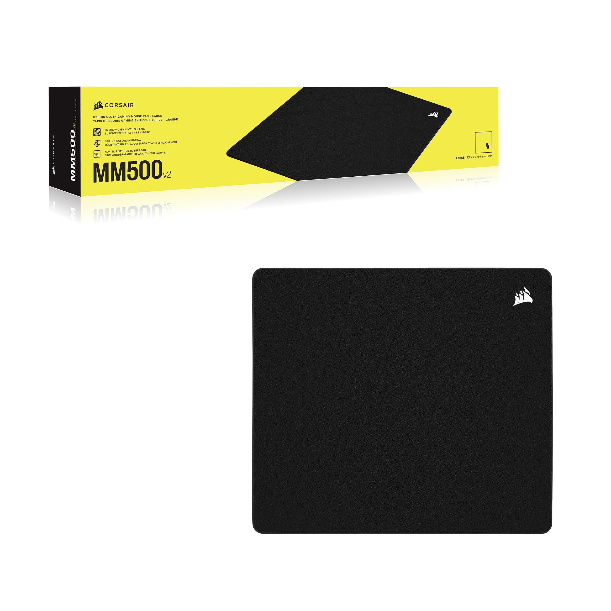 Corsair MM500 v2 Tela Híbrida Alfombrilla de Ratón Grande para Juegos – 45cm x 40cm – Revestimiento a Prueba de Salpicaduras – Bordes Cosidos Antirayas – Base de Goma Antideslizante – Negro