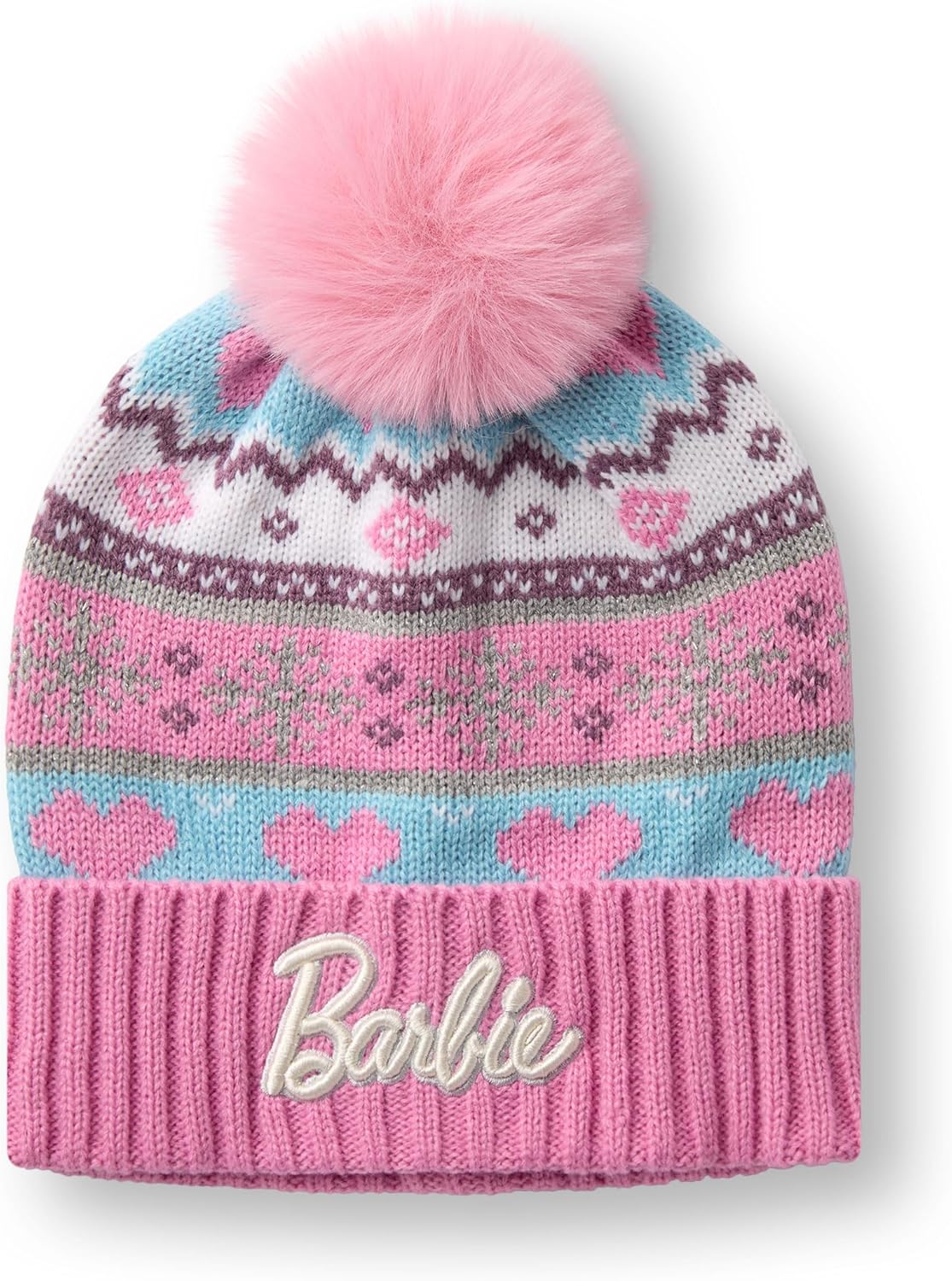 Barbie Girls Pink Fair Isle Beanie and Gloves Set - One Size | Winter Knit Accessories for Kids Fair Isle Design - Image 3