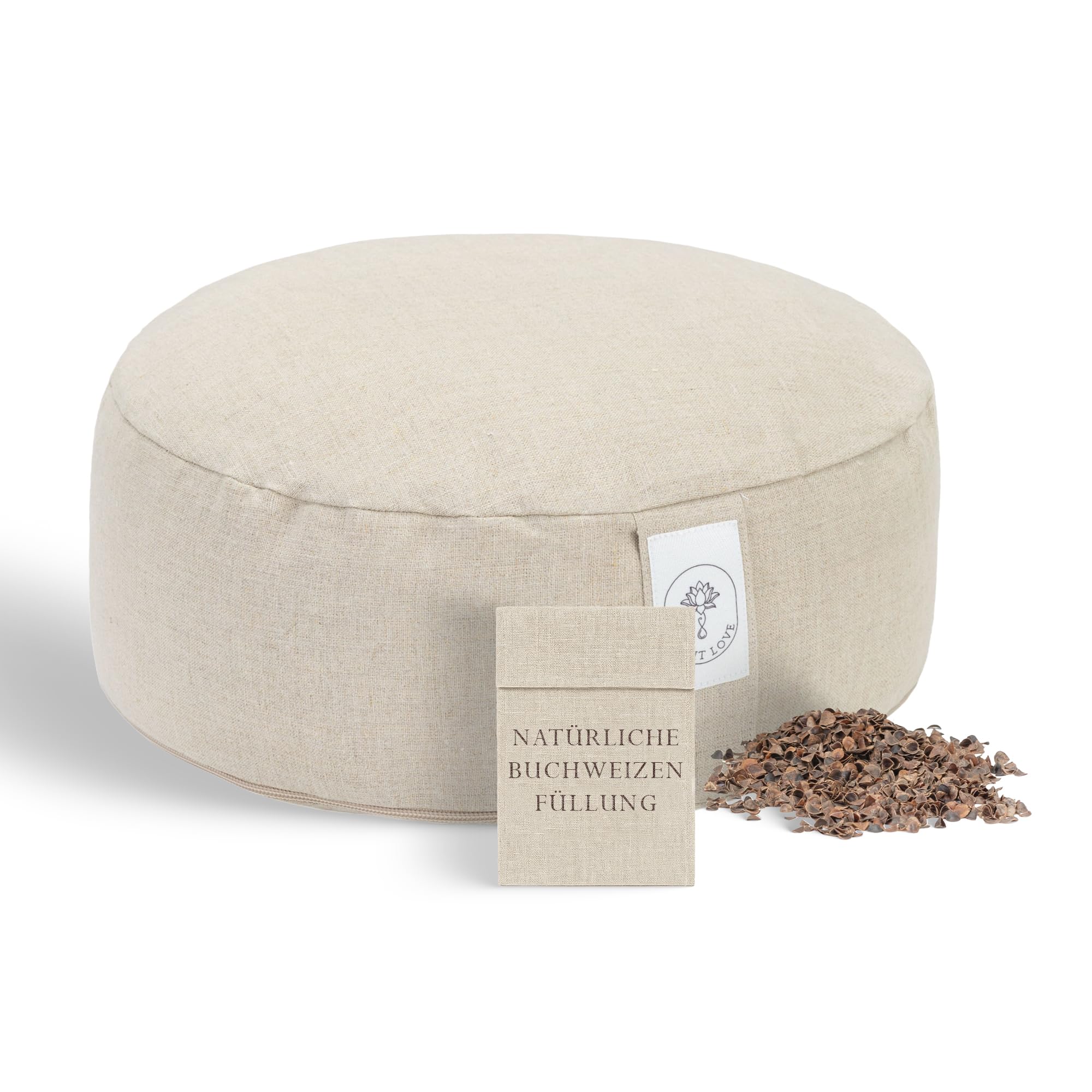 Spirit Love Leinen Yogakissen mit Bio-Buchweizenschalen | Meditationskissen | Anpassbare Füllung mit waschbarem Bezug | Sitzkissen Perfekt für bequemes und sanftes Yoga | 100% Natürlich - M 35x13cm…