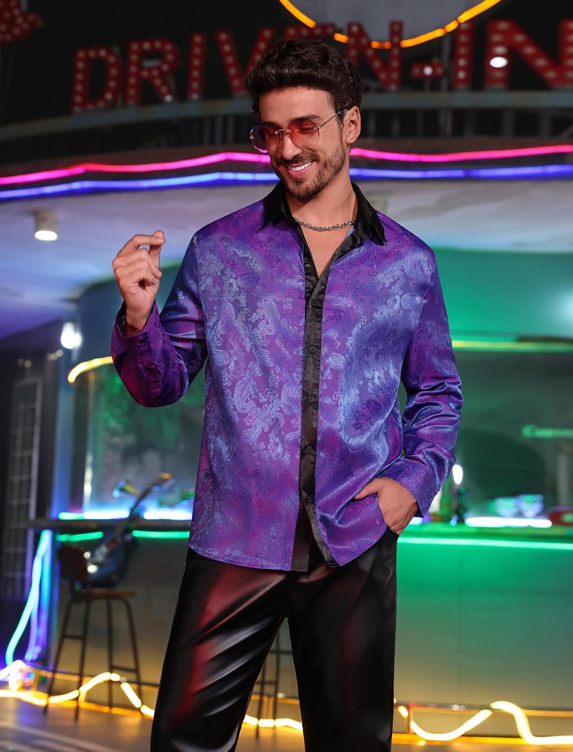 ODIZLI Disco Shirt Men Long Sleeve Floral Printed Shirt Paisley Button Down Shirts for Wedding Party Prom 70s Shirts