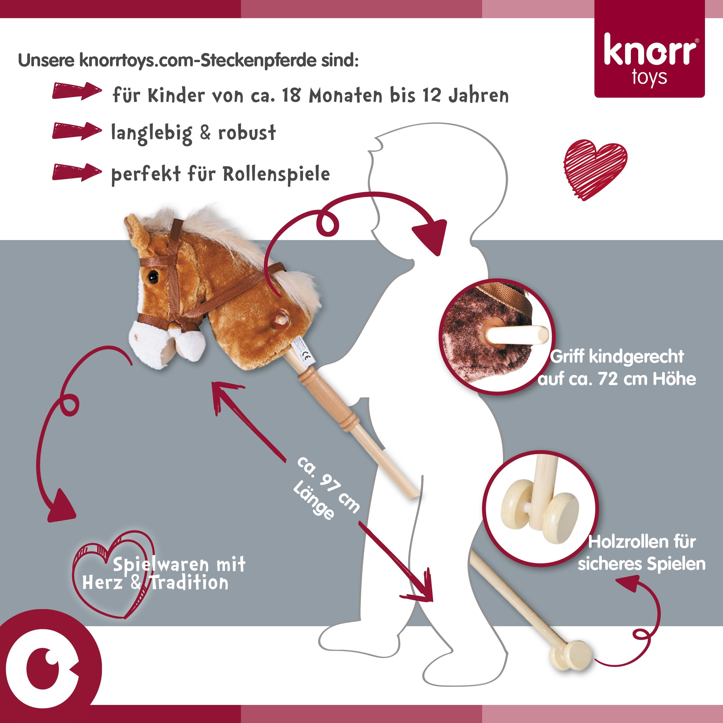 Knorrtoys 40101 - koń na kiju "Sugar", jasnobrązowy