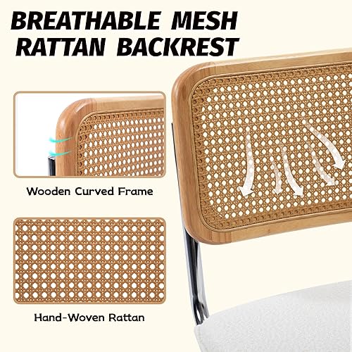 Miniatura 3 de Modernas sillas de comedor de caña Cesca, juego de 2, respaldo de caña de ratán tejido a mano, base cromada, asiento tapizado de bucle, ideal para