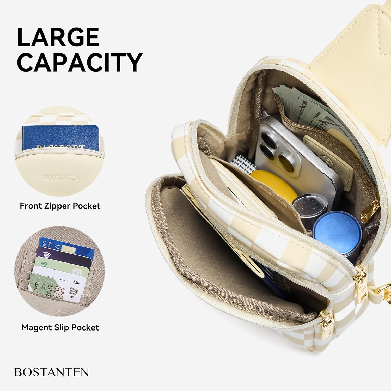 BOSTANTEN Sling Bag Quilted Crossbody Bags for Women Cross Body Purse Leather Fanny Pack with Adjustable Guitar Strap - Image 3