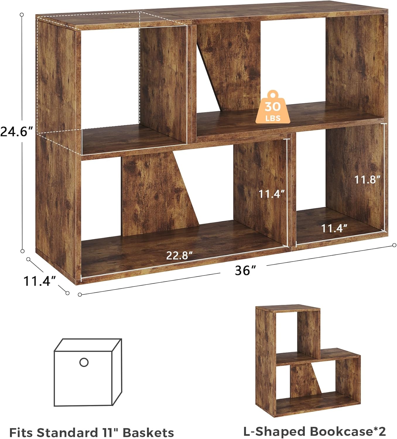 6 Cube Storage Organizer, Wooden Storage Shelves Bookcase with Back Panels, Stackable Display Bookshelf for Living Room, Bedroom, Study, Hallway, Rustic Brown