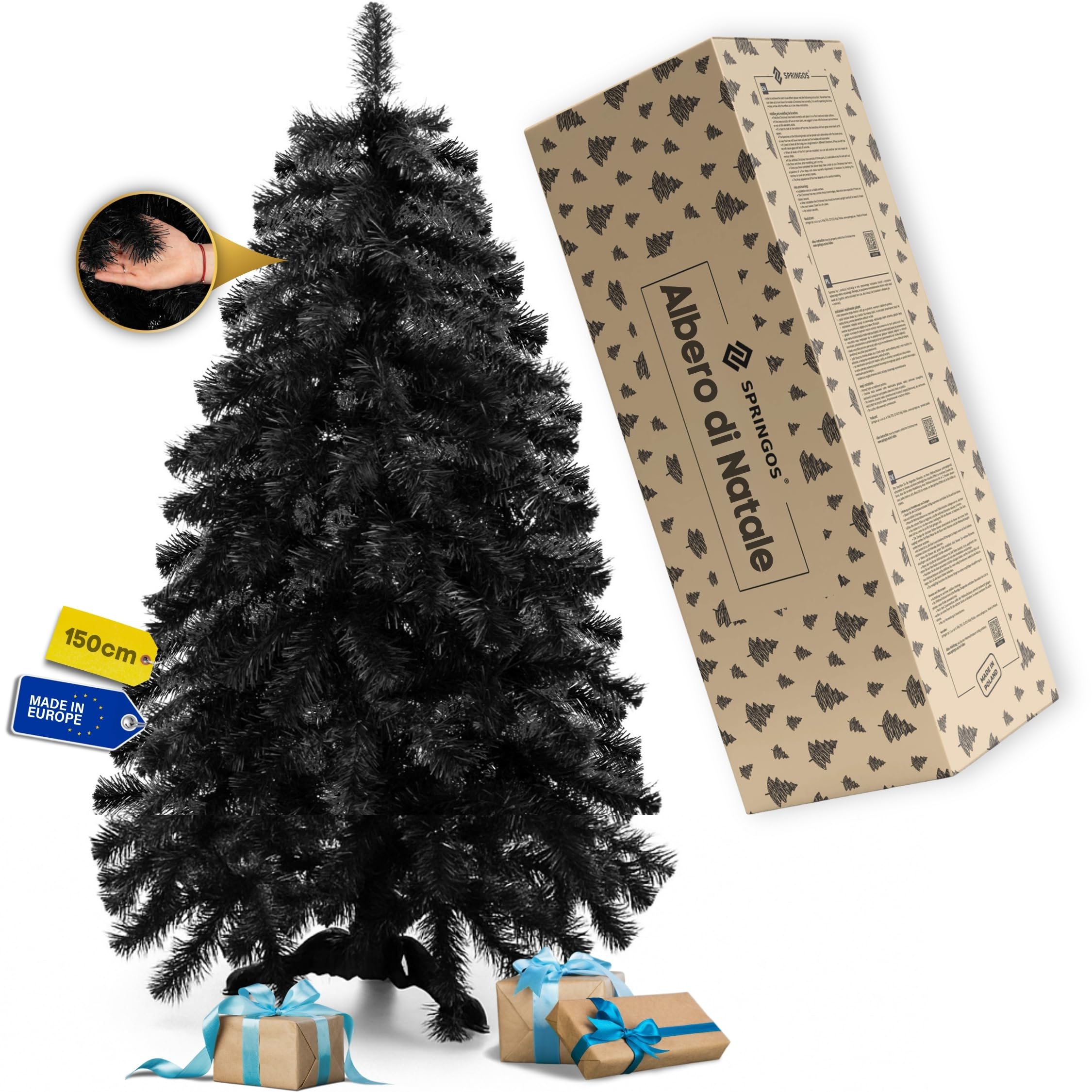 Springos Albero di Natale artificiale 150 cm – Albero di Natale nero Premium Deluxe, denso e realistico come reale, con robusto supporto e cartone, albero di Natale artificiale moderno per decorazioni