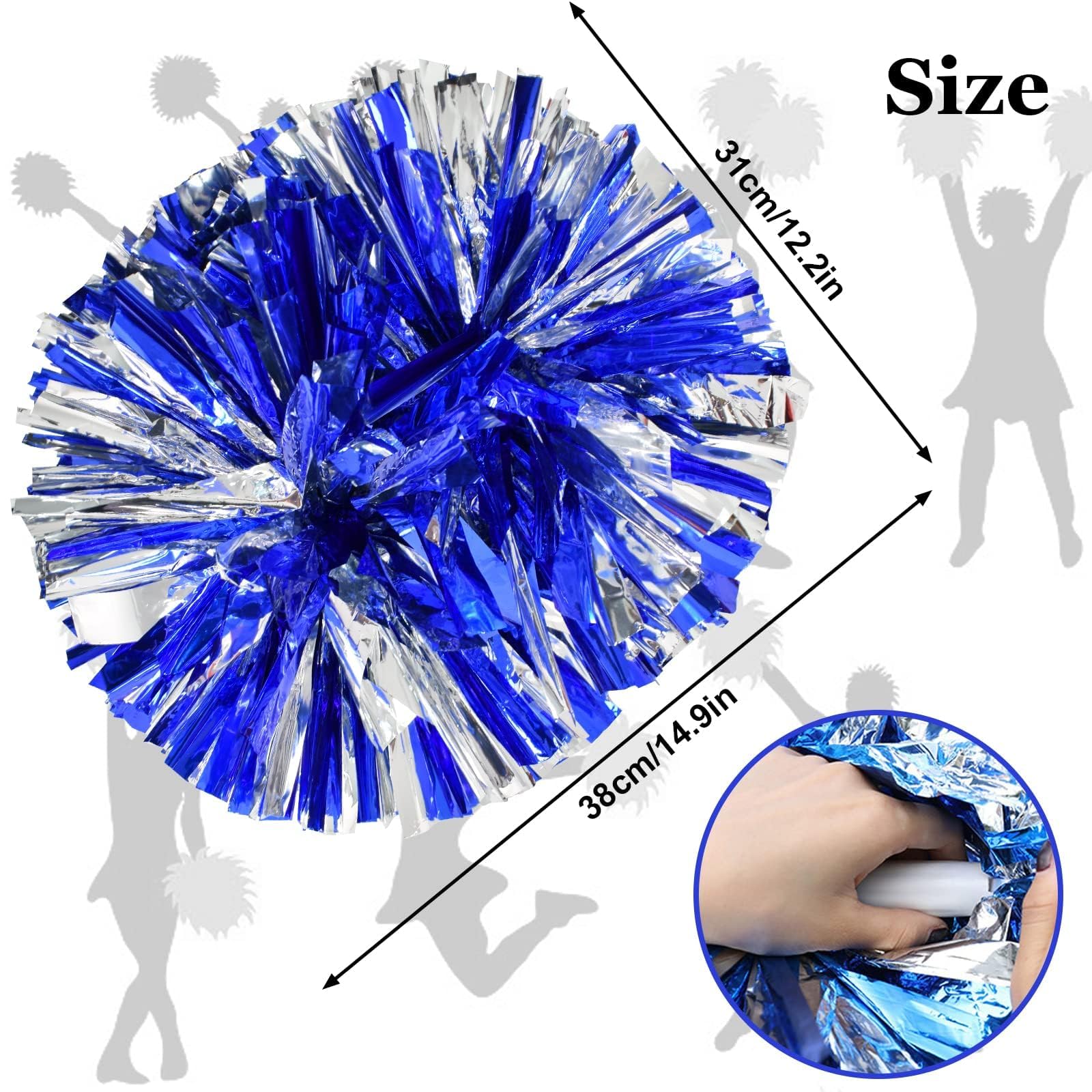 GIUSOBG Pompony cheerleader z folii metalowej 2 sztuki Pompony zespołowe Pompony cheerleaderek Pompy cheerleaderki Pompy do tańca Pomy sportowe Gry zespołowe Duch zespołowy (Niebiesko-srebrny)