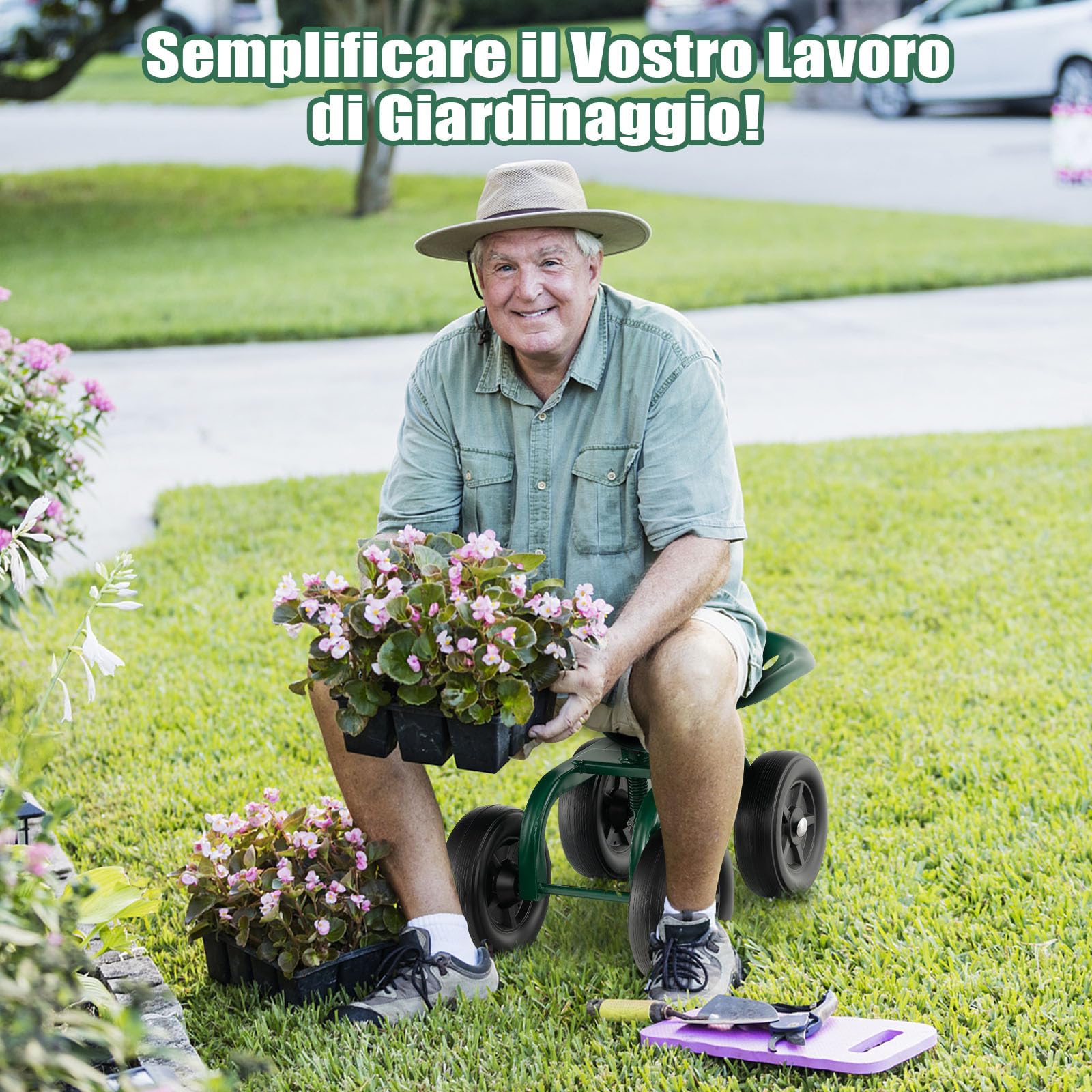 GYMAX Sgabello da Giardino con Ruote, Sedile da Lavoro Regolabile in Altezza per Giardinaggio