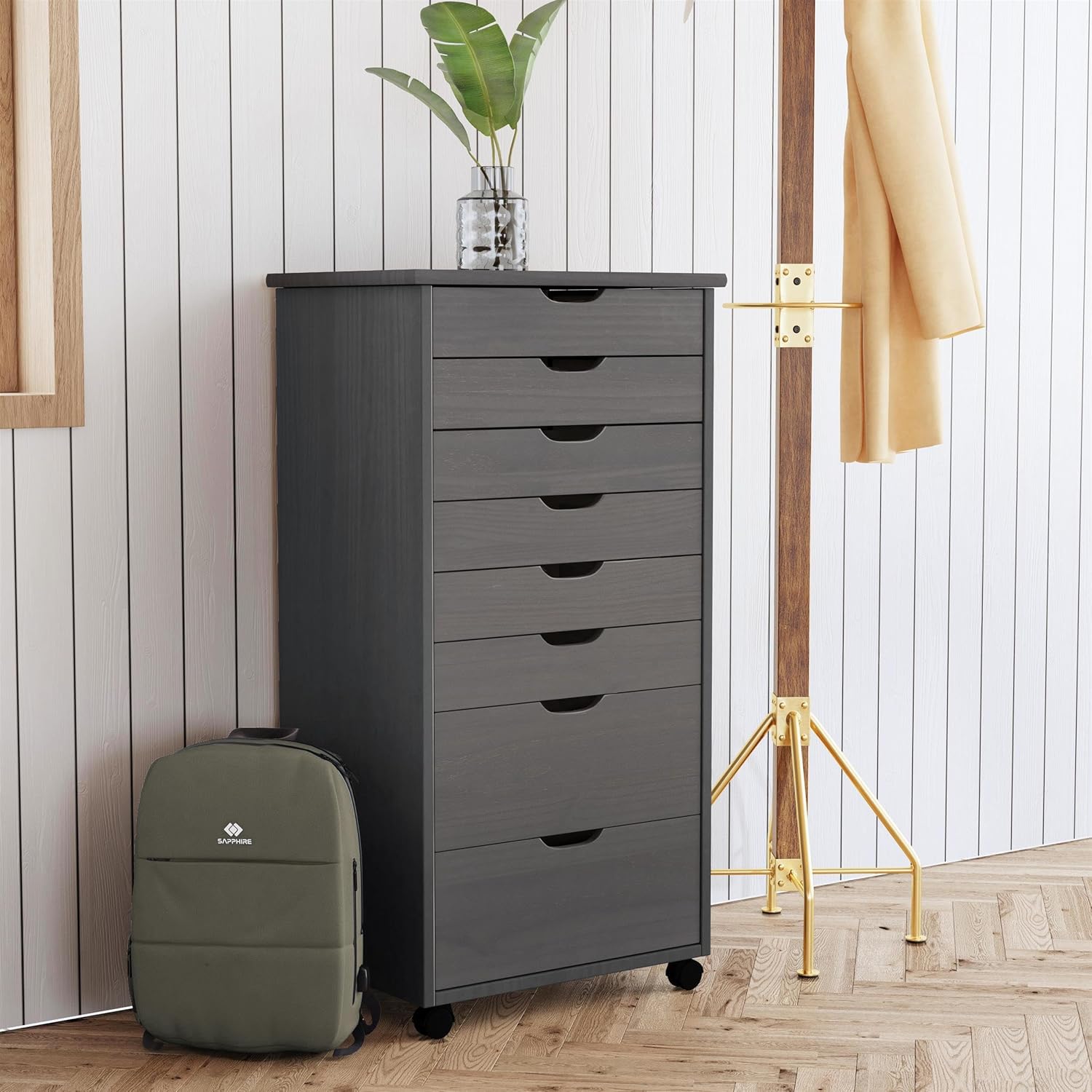 Linon Callie Eight Drawer Rolling Storage Cart in Gray Wood