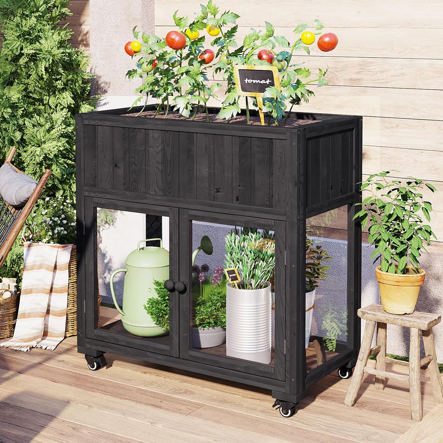 Patio Mini Wood Cold Frame, Compact 2 Doors Garden Greenhouse with Wheels, Raised Bed with Liner for Indoor Outdoor Use, Black 35.4''x17.7''x37.4''