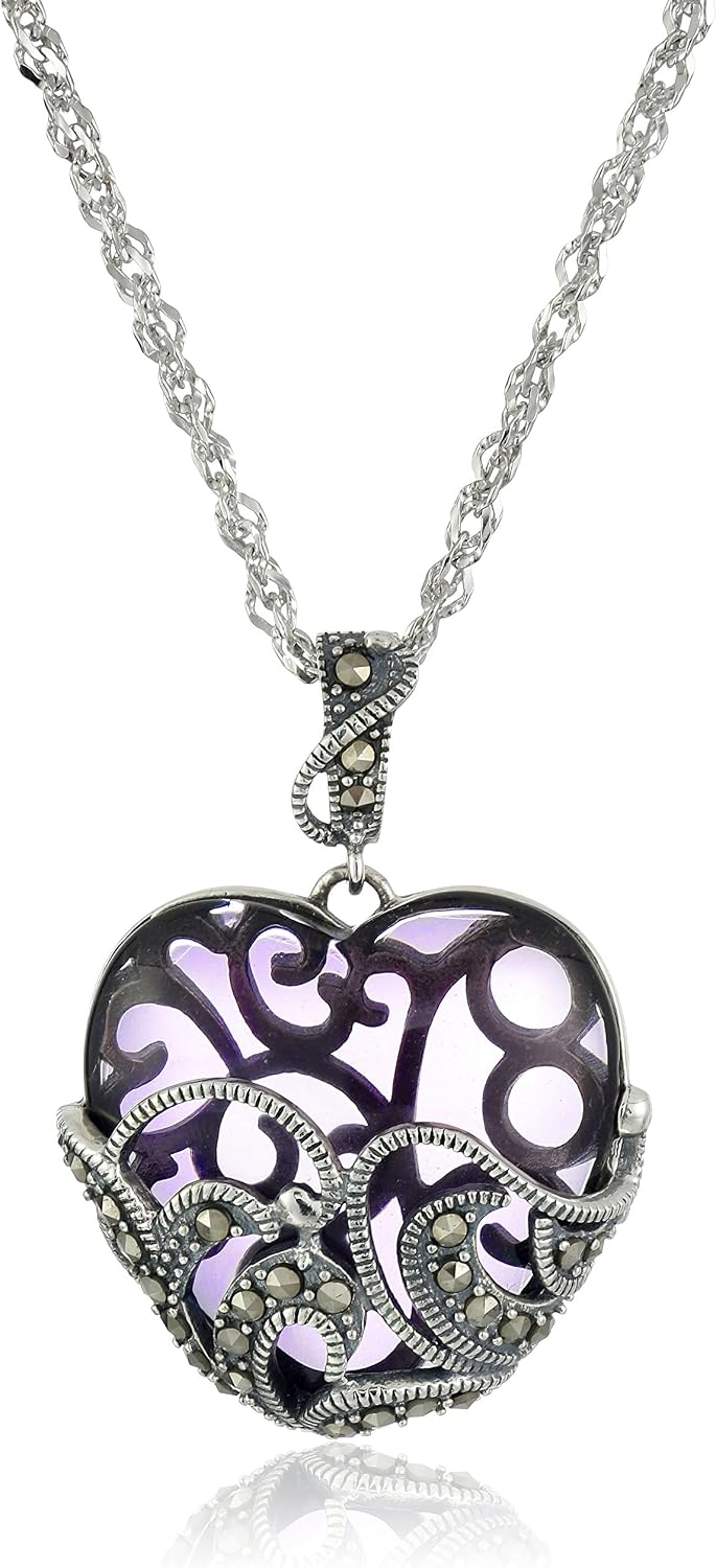 Amazon Collection Sterling Silver Marcasite and Gemstone -Colored Glass Heart Pendant Necklace, 18"