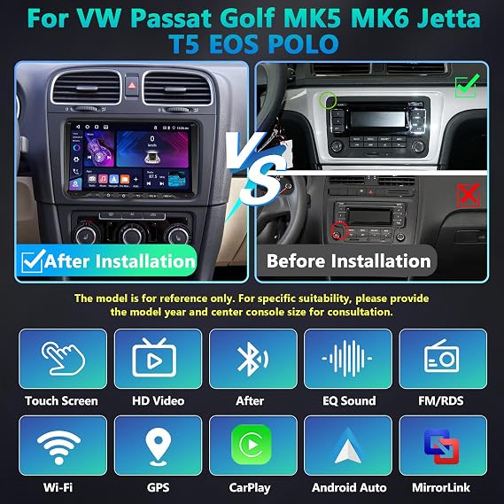 4GB + 64GB Car Radio for VW Passat B6 T5 Golf 5 6 Polo 6R Tiguan T5 Jetta Seat Skoda with Wireless Carplay Android Car GPS Bluetooth WiFi FM/RDS SWC Canbus EQ + AHD Reversing Camera
