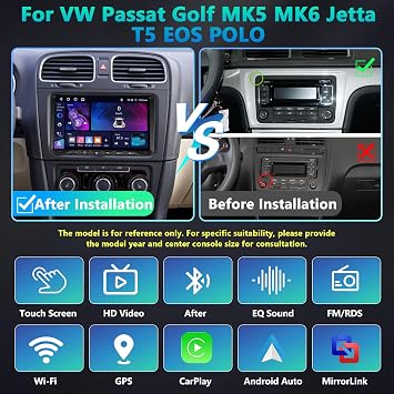 4GB + 64GB Car Radio for VW Passat B6 T5 Golf 5 6 Polo 6R Tiguan T5 Jetta Seat Skoda with Wireless Carplay Android Car GPS Bluetooth WiFi FM/RDS SWC Canbus EQ + AHD Reversing Camera