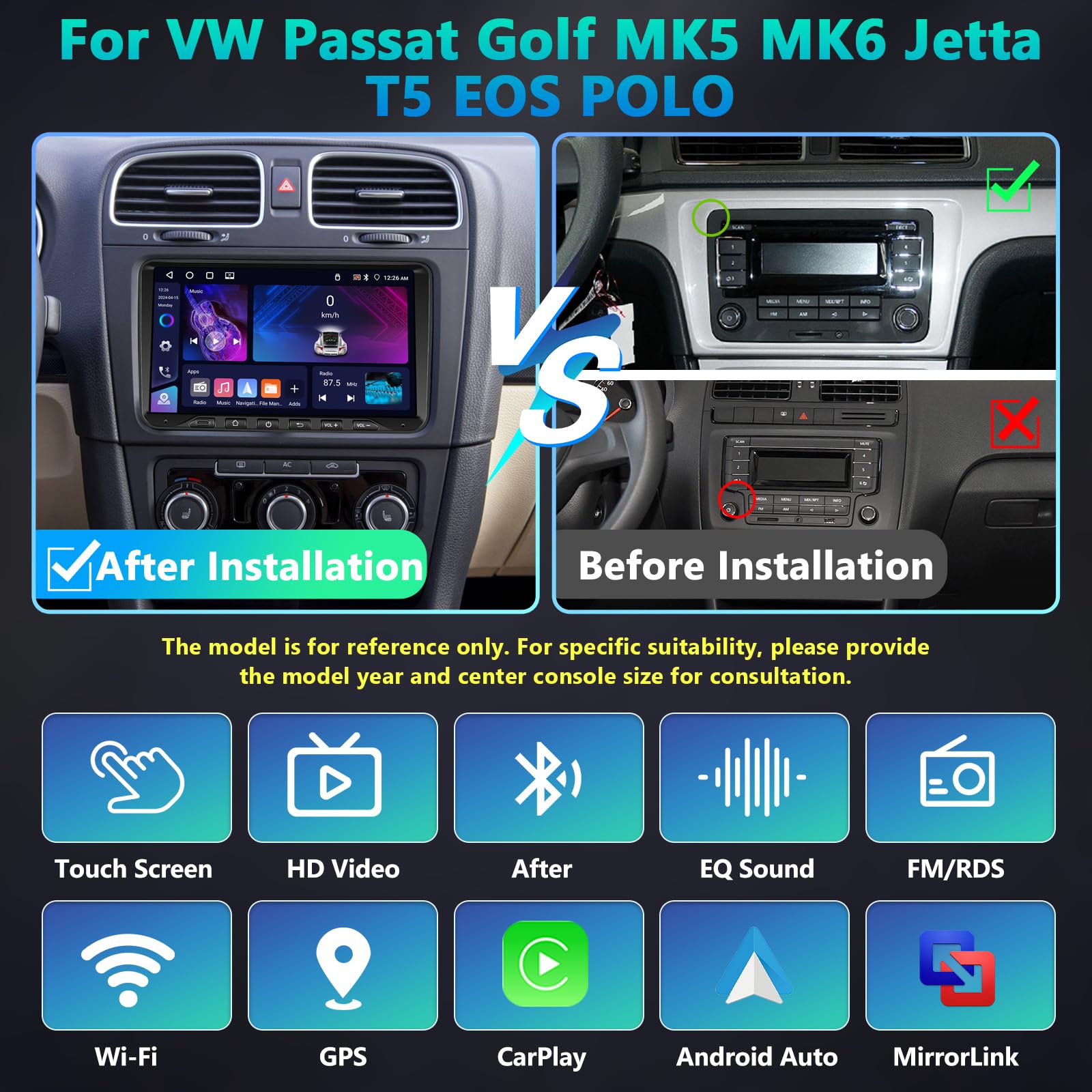 4+64G Autoradio con Carplay per VW Passat Golf MK5 MK6 JETTA POLO Touran Sedile Sharan, 9" Stereo Bluetooth con Navigazione GPS/Collegamento a Specchio/WiFi/RDS/Hi-Fi+Telecamera