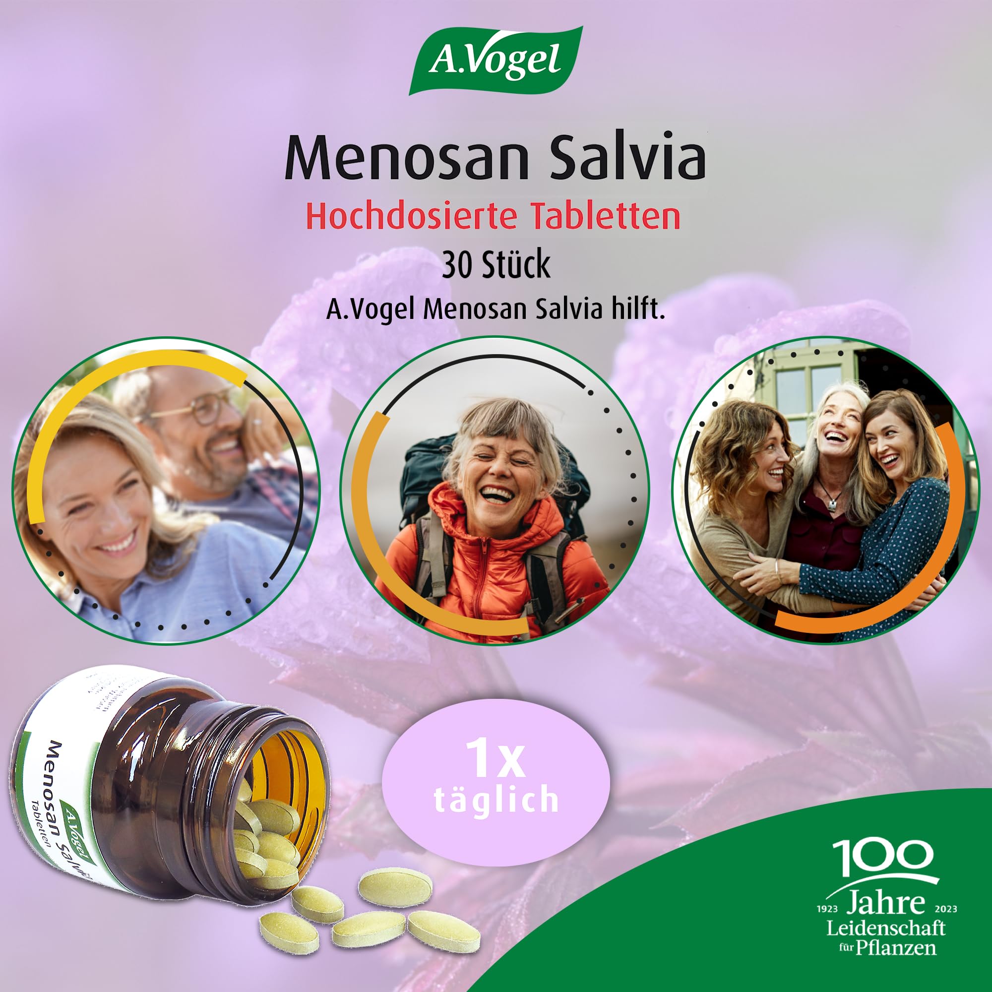 A.Vogel Menosan Salvia 30 Tabletten, pflanzliches Nahrungsergänzungsmittel, Salbei unterstützt in den Wechseljahren, Vegan, mit Spissumextrakt aus frischen Salbeiblättern
