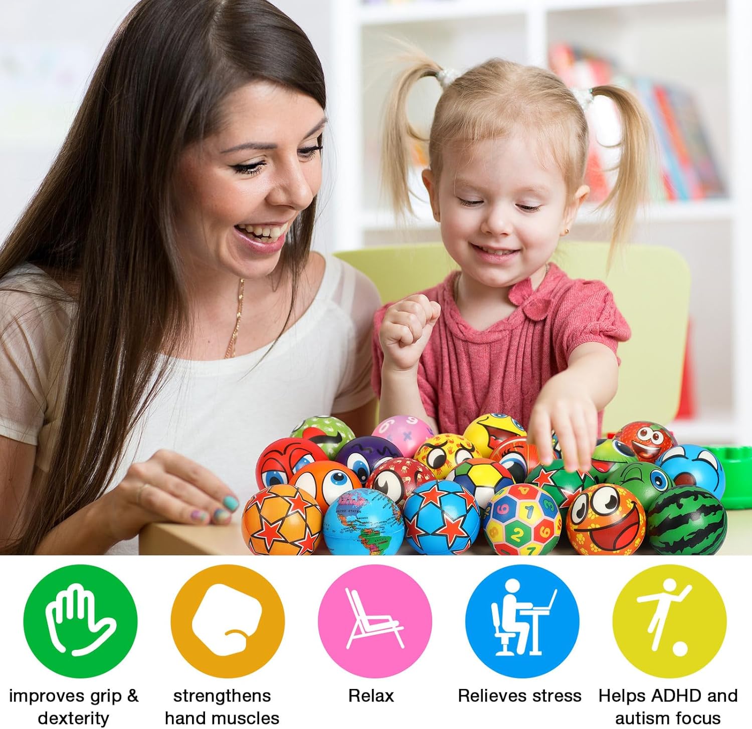 Yunsailing 108 Pcs Mini Stress Balls Bulk 2.4 Inch Sensory Fidget Balls Treasure Box Prizes Soft Assorted Stress Relief Toys for Hand Wrist Finger Exercise Adults and Teens Party Favor Classroom