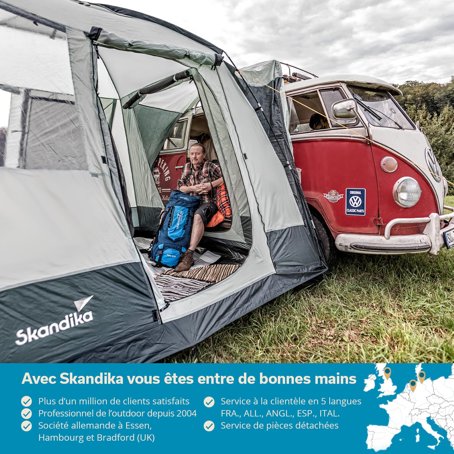 Skandika Auvent pour Bus Pitea Van | pour 4 Personnes, autoportant, Sol Cousu, Hauteur 2,2 m, Grandes fenêtres, étanche, Colonne d'eau 3000 mm, moustiquaires, 3 x 3 m, Tente dôme pour Bus, Caddy