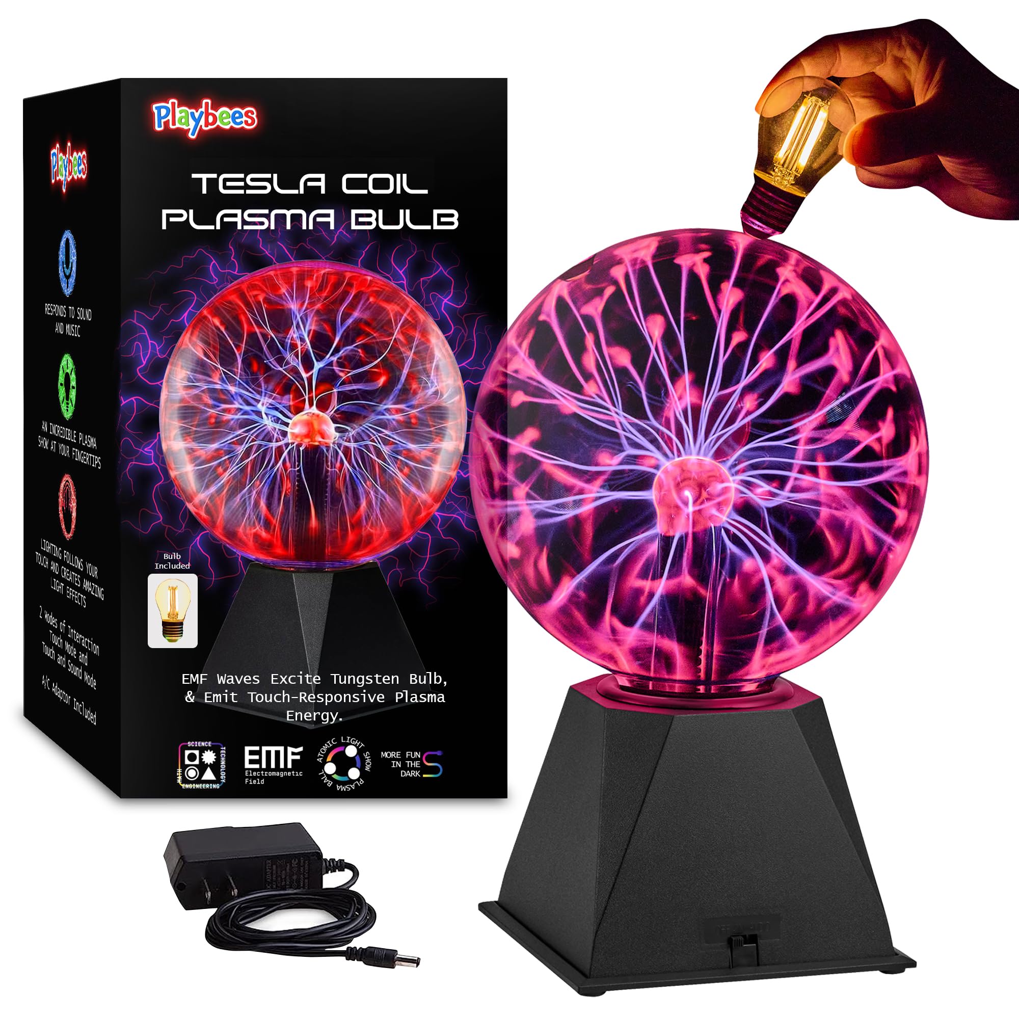 Colorful Plasma Ball - 7 Inch - Tesla Coil Bulb Static Electricity in a Vacuum Pressurized Glass Globe, Nebula Thunder Lightning, Plug-in - for Parties, Decorations, Prop, STEM - Red