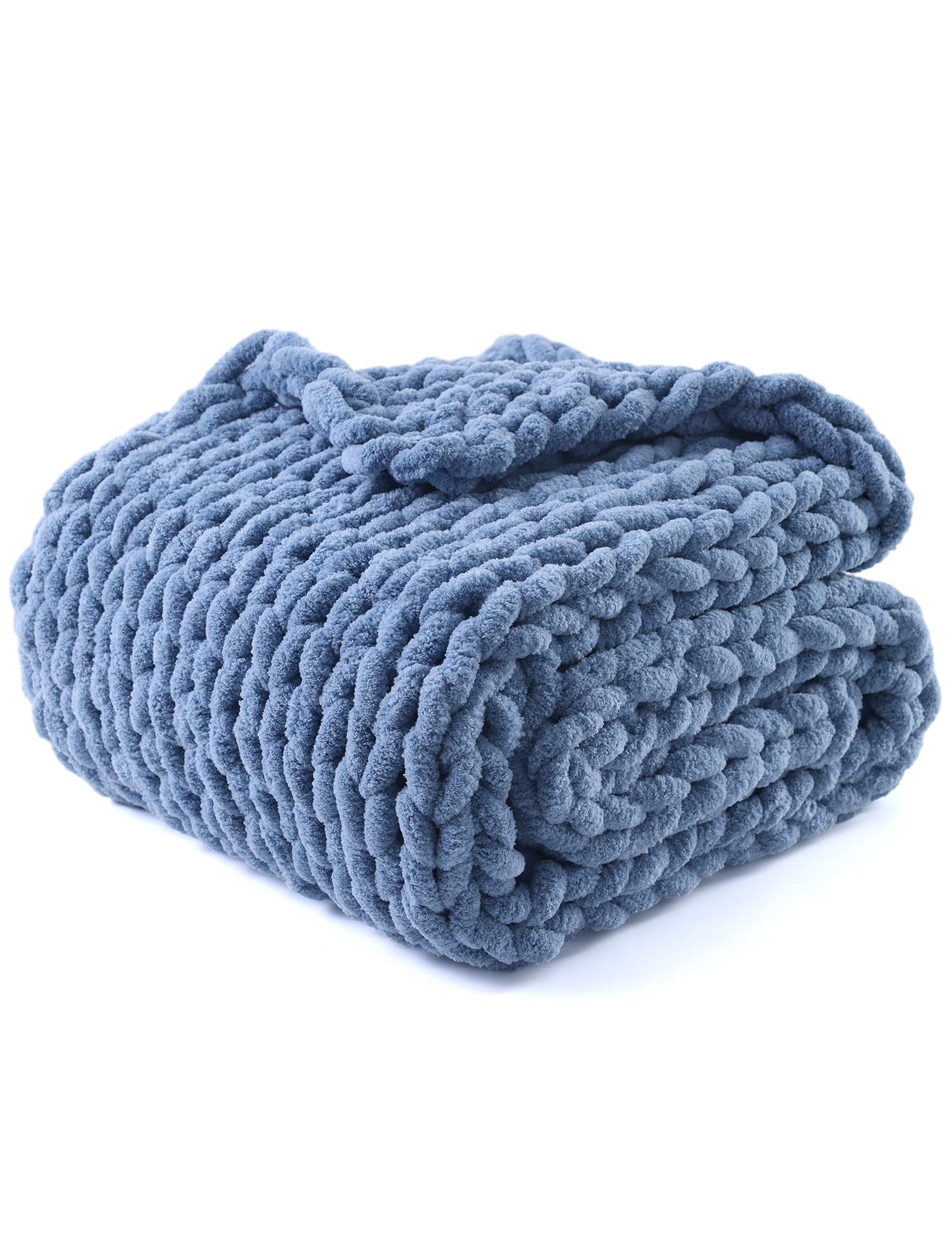 YnM Chunky Throw Blanket, Medium-Weight, Hand Knitted with Chenille Yarn, Skin Friendly, Ventilated and Breathable, Machine Washable, Home Décor Piece for Couch Sofa and Bed (Chambray Blue 50x60 Inch)