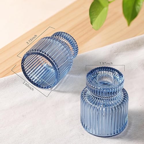 Miniatura 2 de DARJEN 6 portavelas de vidrio azul con rayas verticales, forma irregular, doble uso para velas cónicas y velas votivasde té, portavelas para mesa de