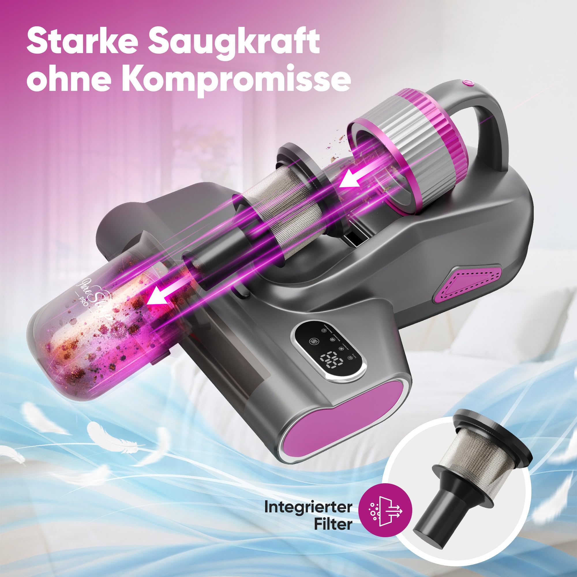 Milbensauger für Matratzen 3-in-1, UV-Licht, 10.000 Pa Saugkraft, XL-Akku 3500 mAh extra lange Laufzeit, Warmluft, Kabellos, HEPA Filter, 99,9 % Milbenentfernung für Bett, Sofa & Allergiker, GrauXL