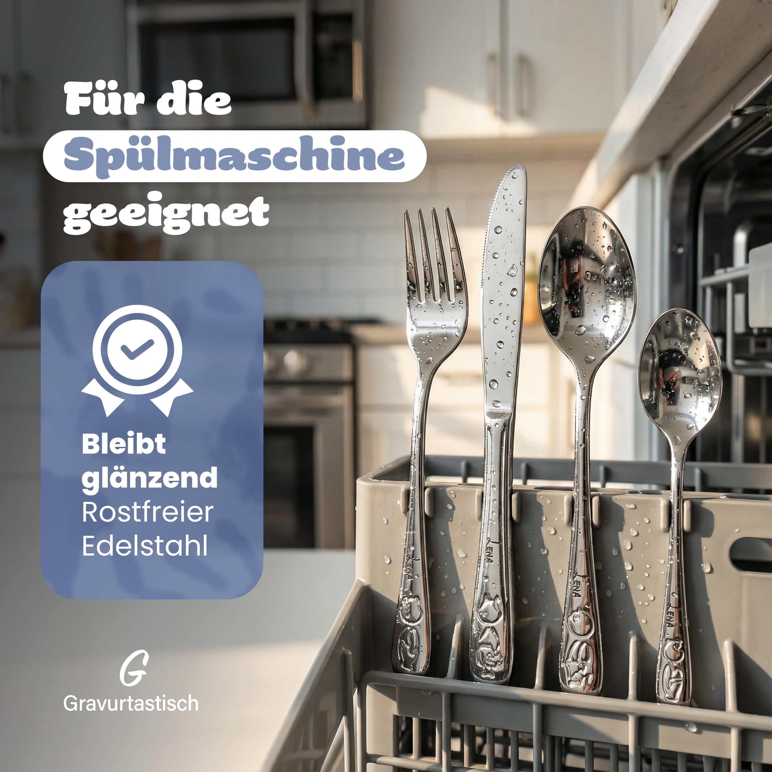 Kinderbesteck mit Namensgravur - Personalisiertes 4-teiliges Edelstahl Besteckset ab 4 Jahre - Taufgeschenk für Mädchen und Jungen - Spülmaschinenfest