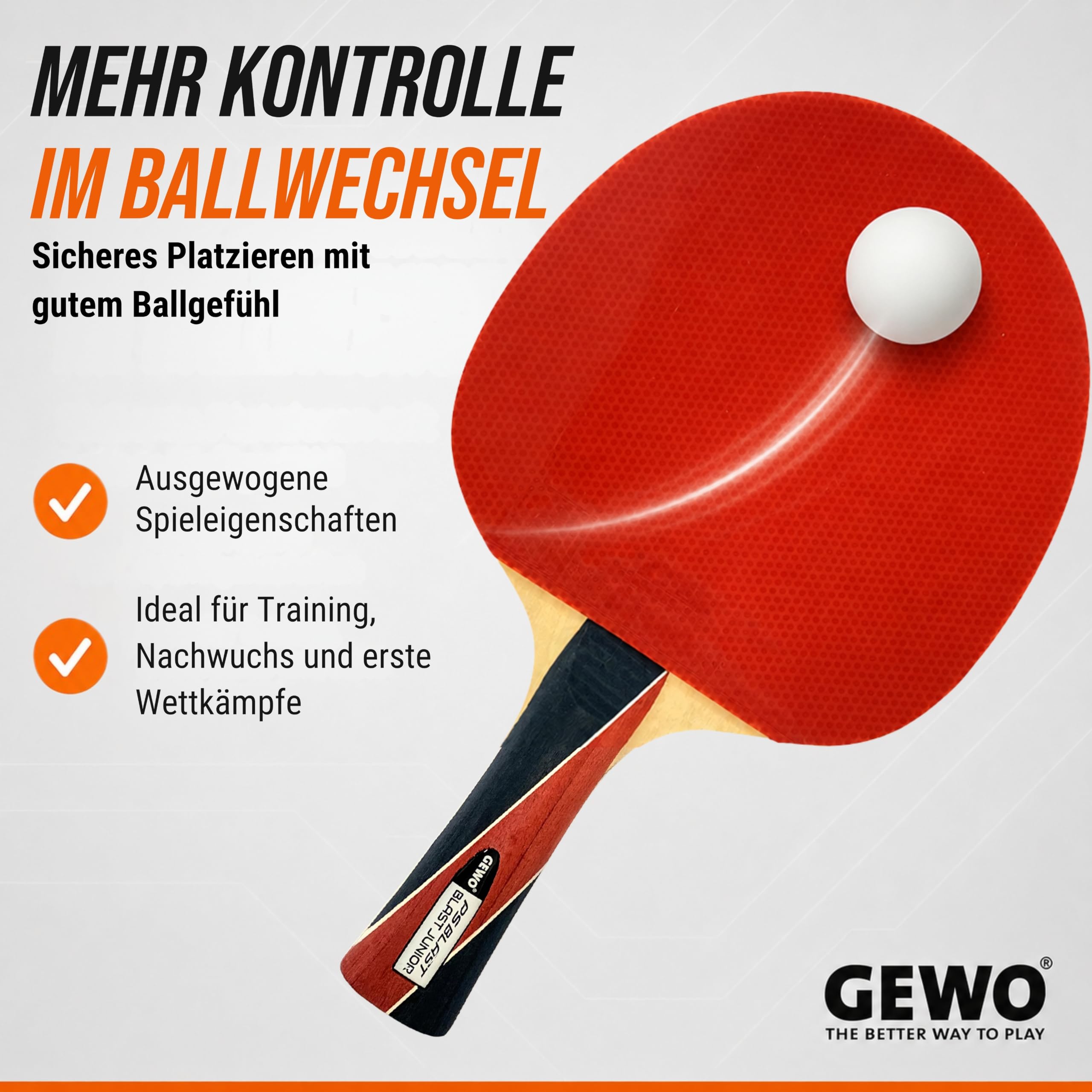 GEWO PS Blast Junior Tischtennisschläger - ITTF genehmigter Anfänger-Tischtennisschläger für Kinder und Jugendliche, Fertigschläger mit kontrolliertem Belag und hoher Rotation, konkav, 1,8mm Schwamm