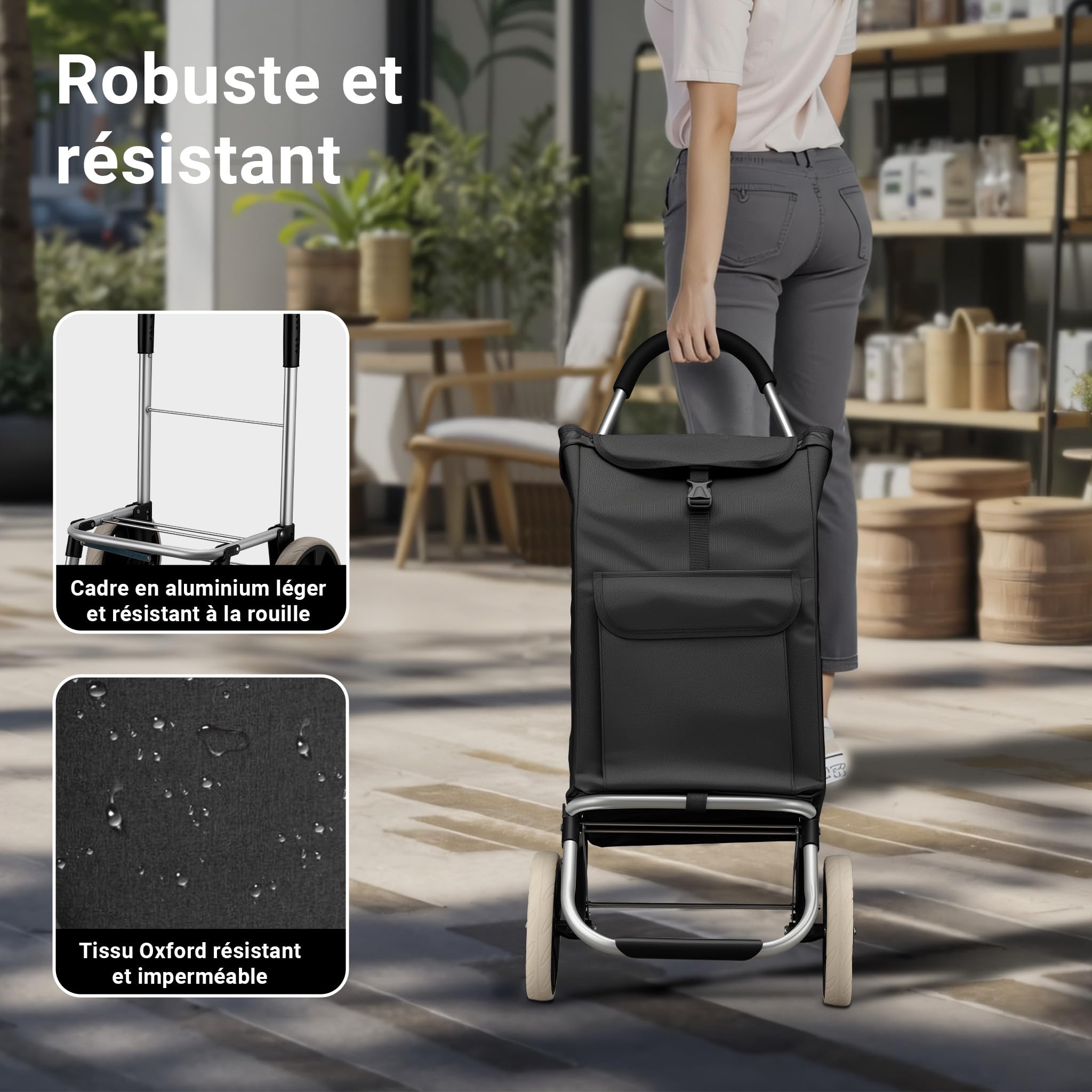 Wiltec Chariot de Course sur Roues – 36,5 x 44 x 103 cm – Pliable à 42 x 21 x 54 cm – Capacité de Poids 40 kg – en Aluminium et Polyester – Caddie de Course, Chariot Roulette Course