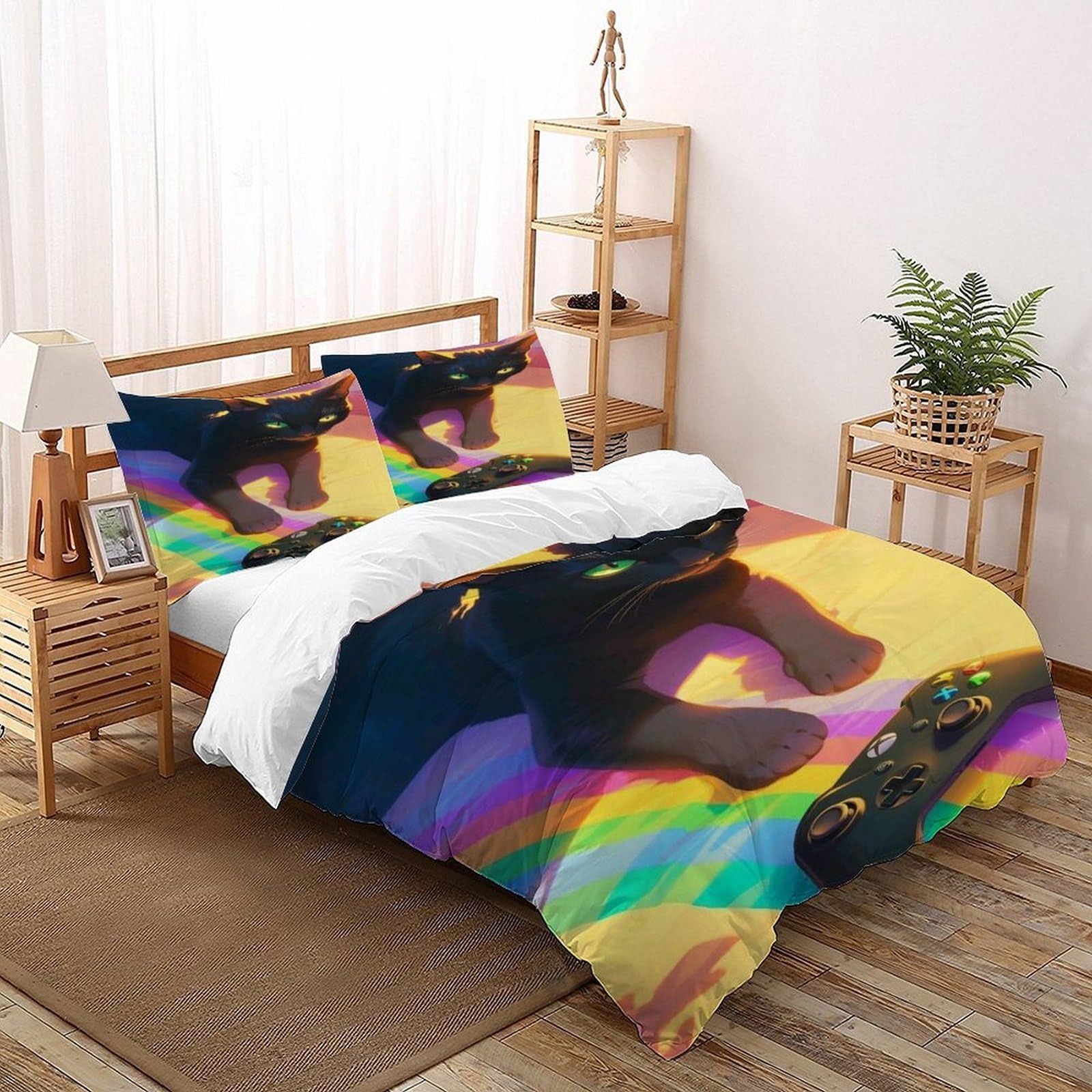 Housse de couette chat noir 260x220 cm avec 2 taies d'oreiller en microfibre pour lit Super King