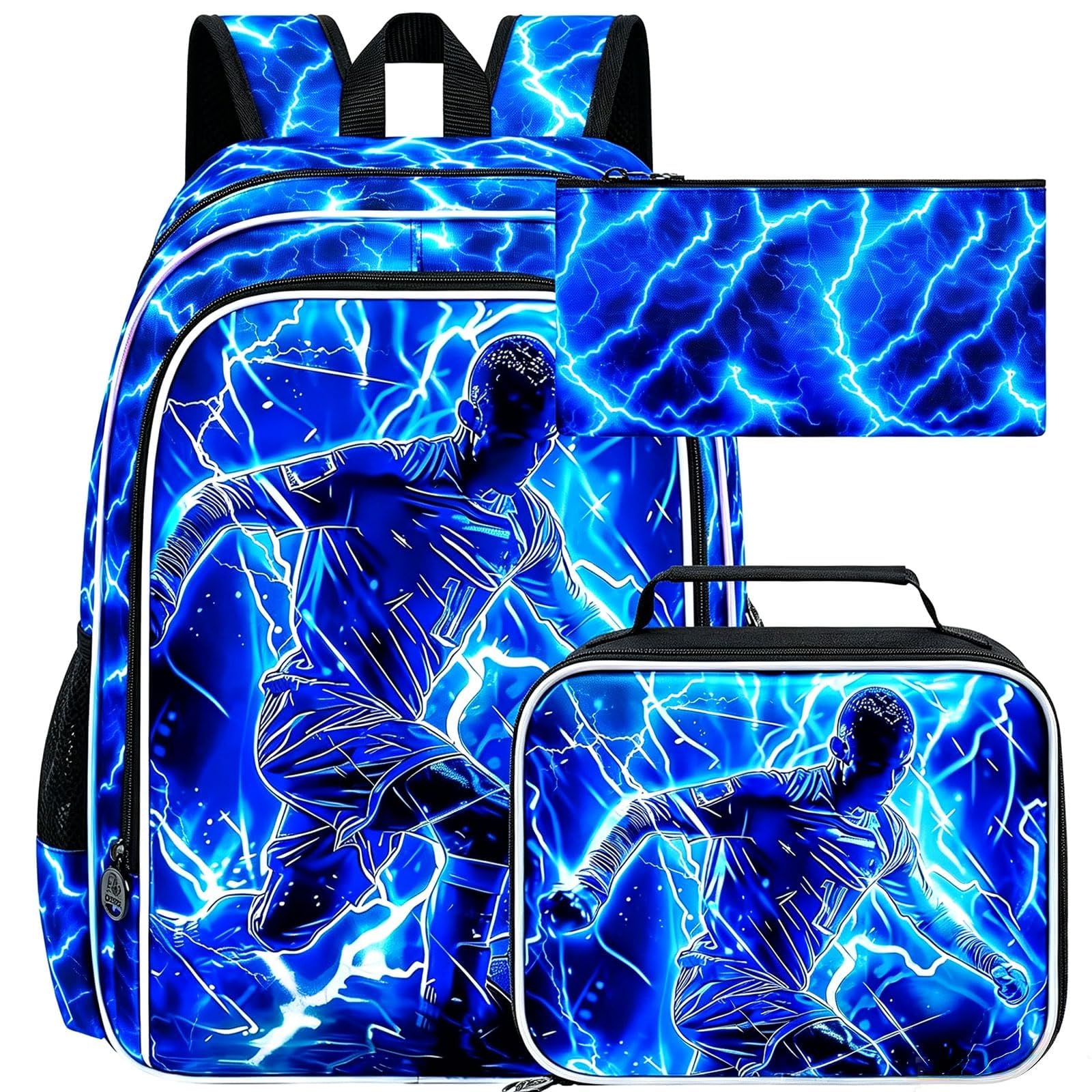 3Pcs Soccer Backpack for Boy, 17" Lightning Bookbag for Elementary Preschool Kindergarten, Kids School Thunder Backpacks with Lunch Box (Blue)