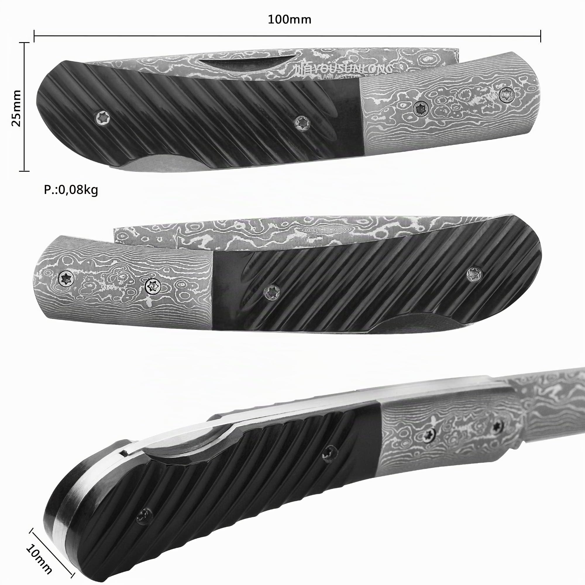 YOUSUNLONG Coltello Tascabile 175 mm - Lama in Acciaio Giapponese Damasco - Coltello Pieghevole Adatto al Campeggio e alla Caccia - Manico in Corno di Bufalo Naturale con Fodero in Pelle