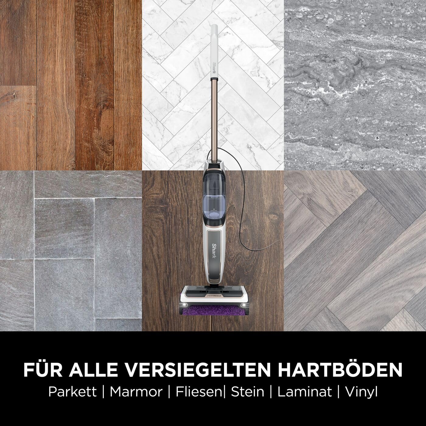 Shark SteamPickUp 3-in-1-Dampfreiniger, hygienische Reinigung mit Dampf für harte Böden, chemiefrei, 420ml Fassungsvermögen, Extra-Bürstenrolle, Aufbewahrungsstation, Bürstenrollenhalter, Weiß SD200EU