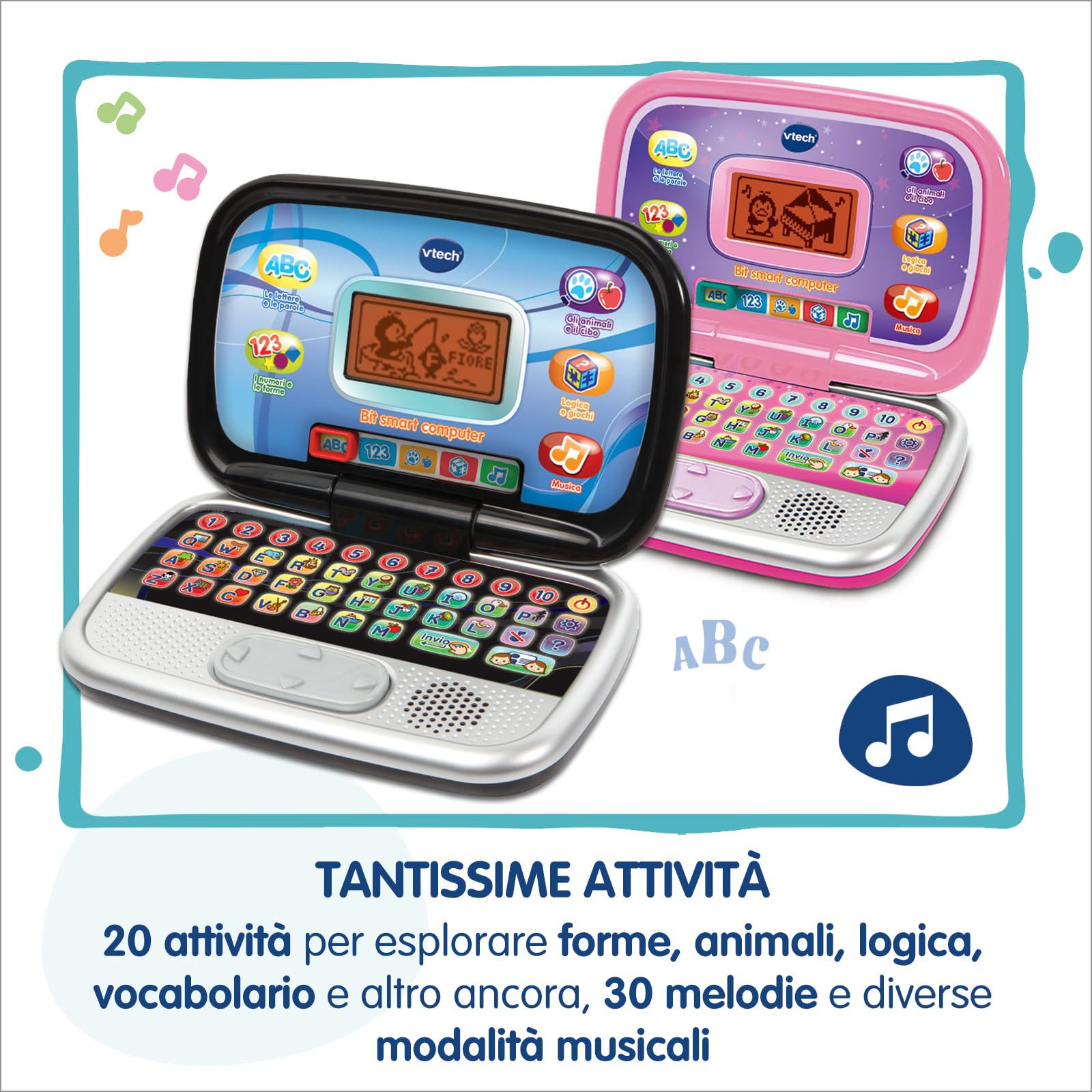 VTech Bit Smart Computer Nero, Computer Interattivo per Bambini, Computer con Mouse ed Effetti Luminosi, Comoda Maniglia, Gioco Bambino con Animali e Forme, Lingua Italiana, Batterie Incluse, 3-7 Anni