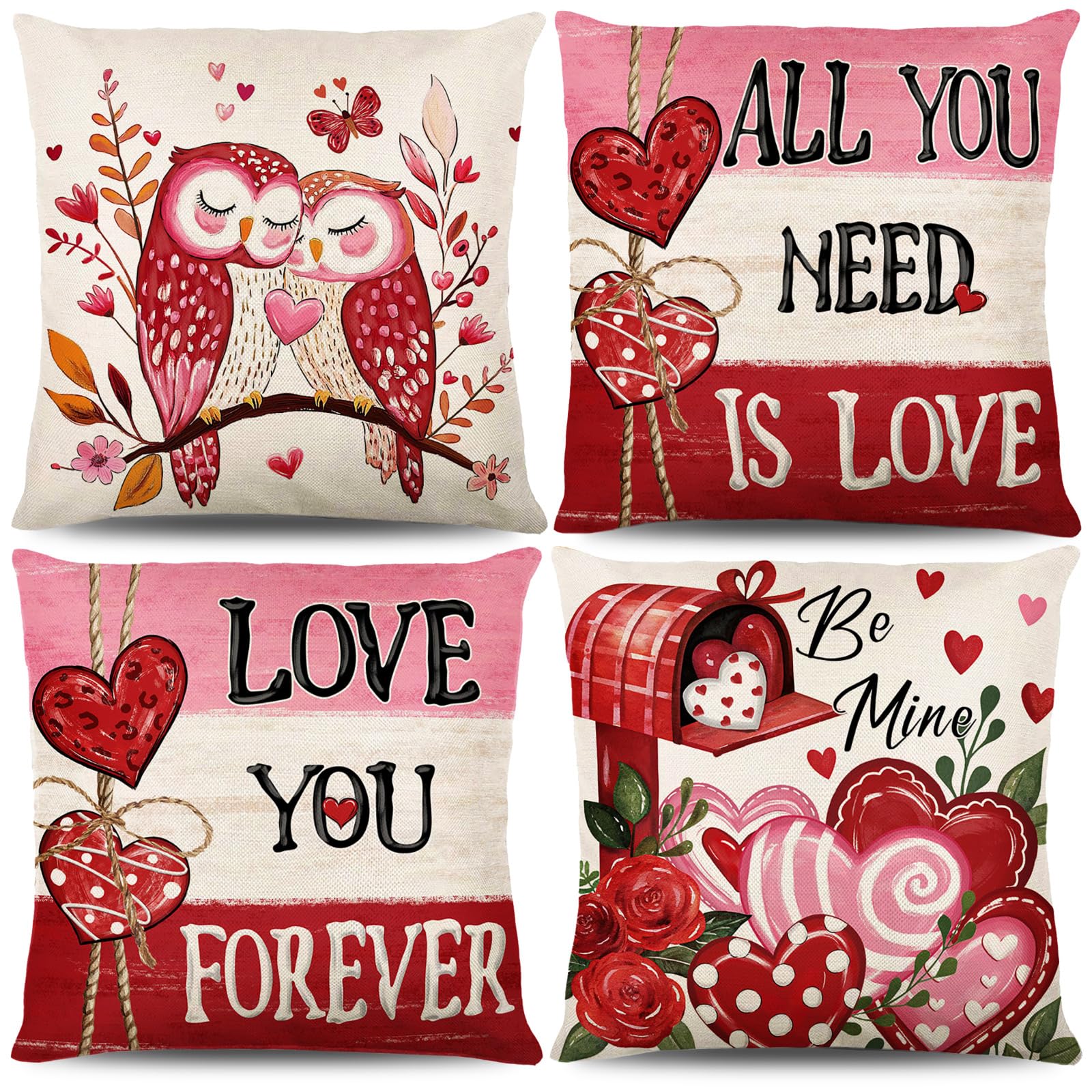 Bigqin Decorative Pillow Cover, 4-Pack Love Red & Pink Pillowcase Sofa Cushion, Valentine's Day Pillow Cover, Linen Pillowcase for Bedroom Sofa - 45 x 45 cm โ image 1