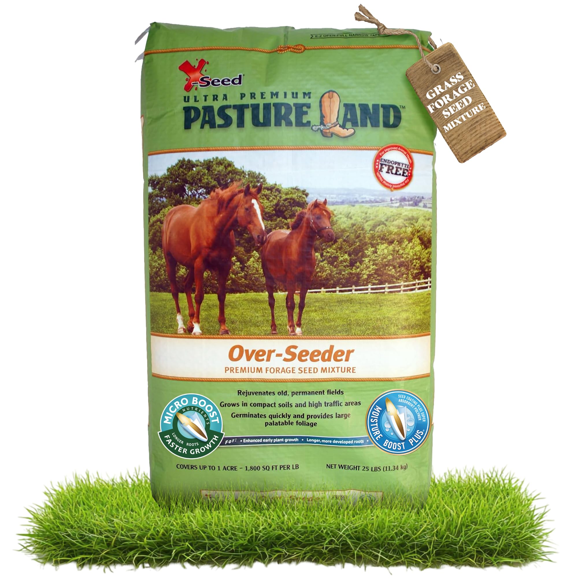 X-Seed Land Over-Seeder Pasture Forage Seed Mix, Endophyte Free for Healthier Livestock Grazing, Clover Food Plot Orchardgrass Perennial Planting Micro Boost Seed for Faster Growth, 25 lb Bag - Green