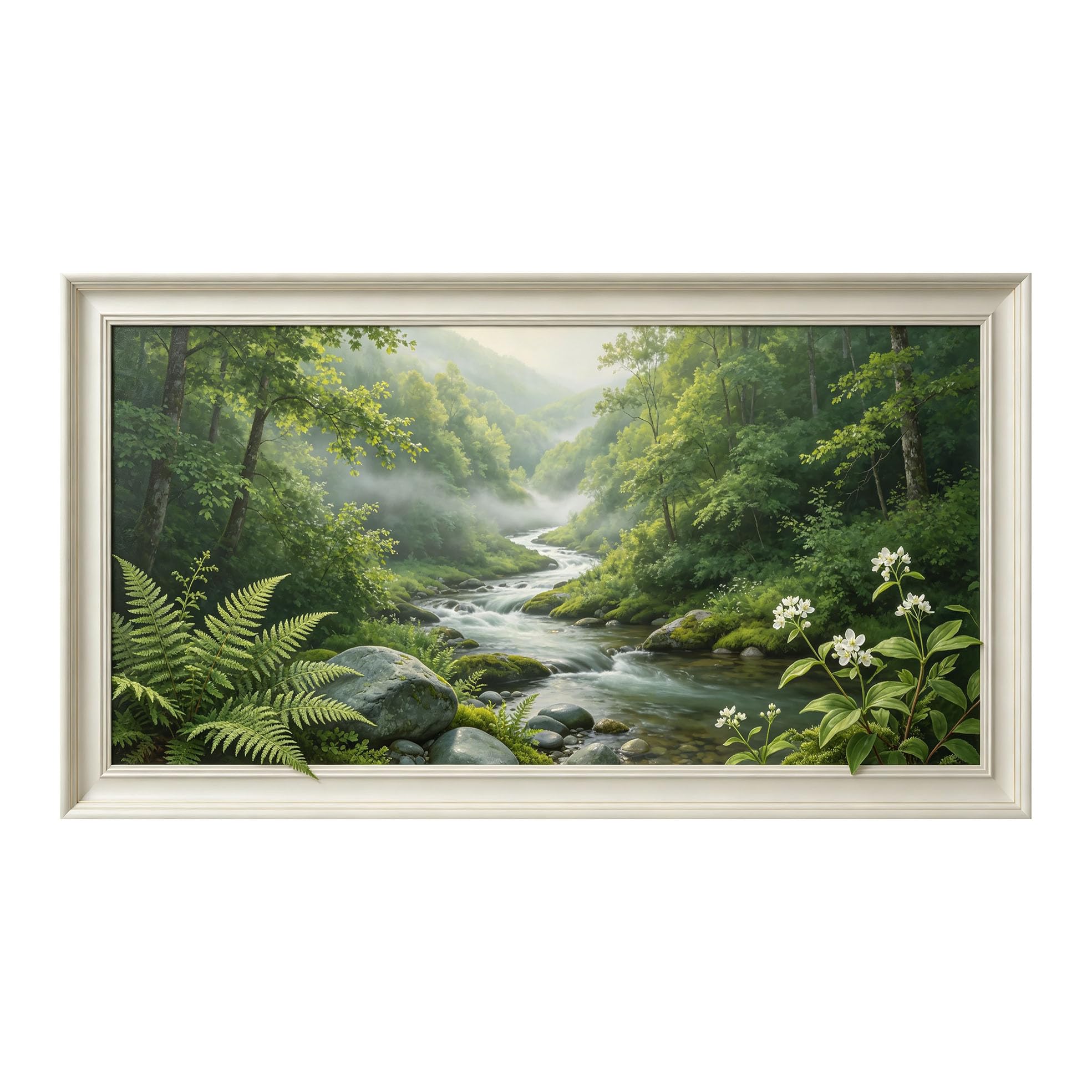 Yzpallescene 3D Framed Wall Art 50cm×100cm Misty Mountain River Waterfall Botanical Realistic Oil Painting Large Size SelfAdhesive Removable Wall Decor Prints Artwork for Living Room Bedroom Office