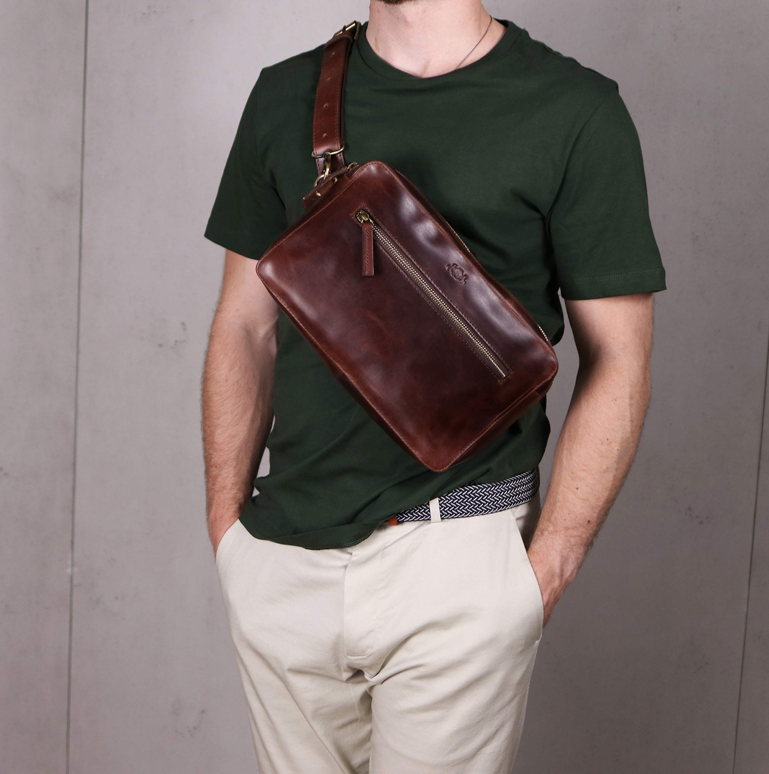 SID & VAIN große Hüfttasche echt Leder - Body Bag Oscar groß - Festival Tasche mit Schultergurt - Ledertasche Herren und Damen braun handgefertigt