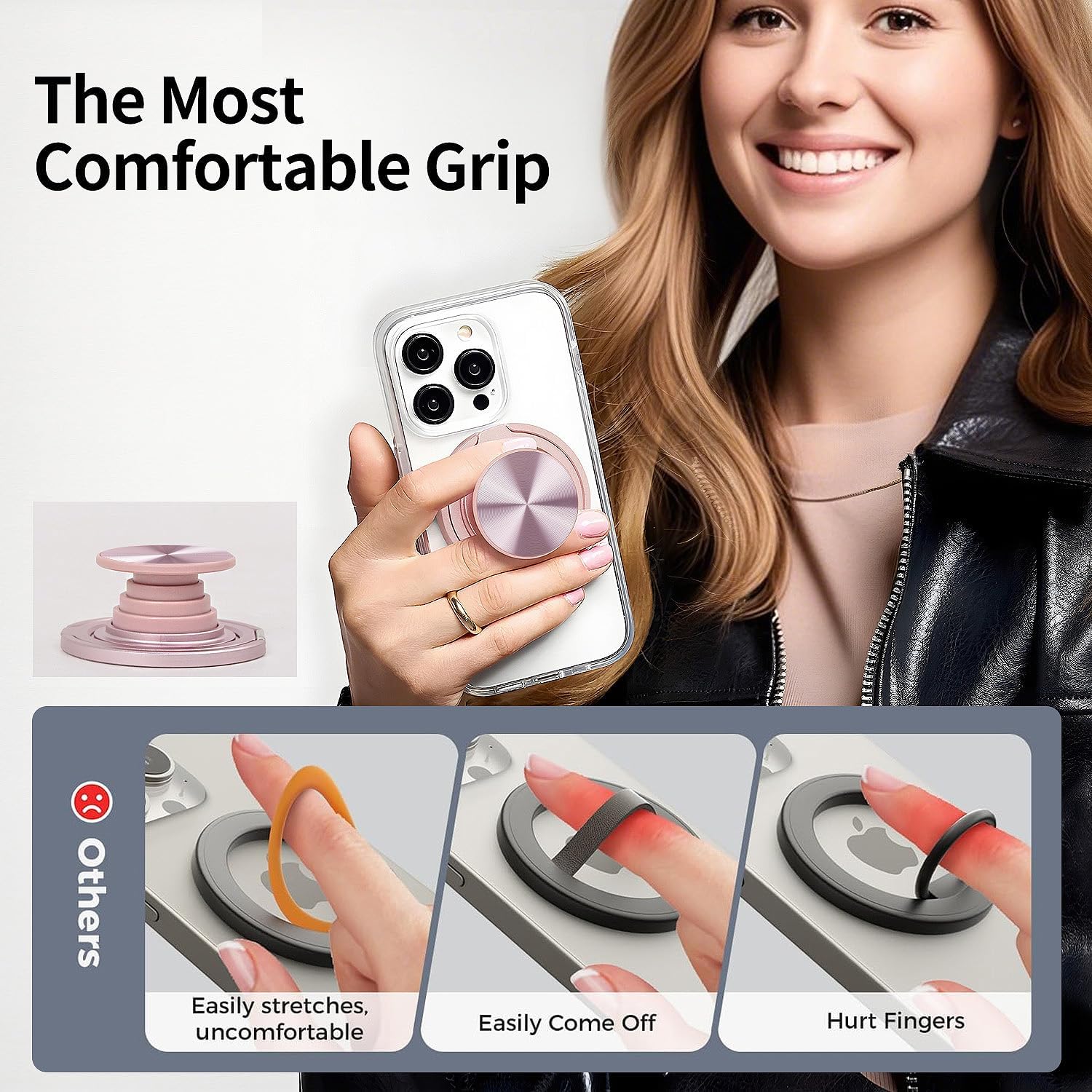 Phone Grip with 360° Kickstand, Magnetic Phone Stand Compatibility for Magsafe, Phone Holder for Hands-Free Viewing, Secure Anti-Drop Grip for iPhone Series, iPad Tablet & Phone Cases, Pink - Image 4