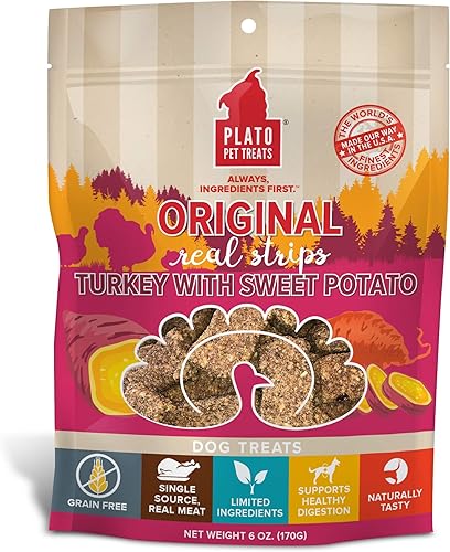 Miniatura 1 de PLATO Turkey Real Strips - Golosinas naturales para perros, carne real, secado al aire, fabricadas en los Estados Unidos, pavo y batata, 6 onzas