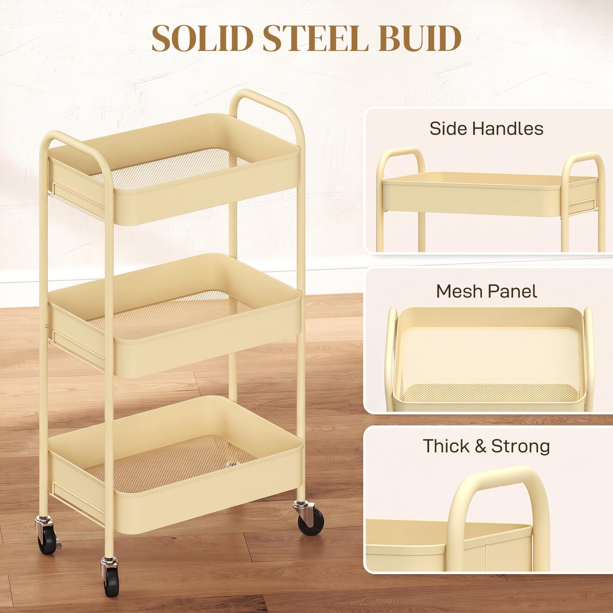 HOMCOM Carrito de Almacenamiento de 3 Niveles con Ruedas, Carrito de Almacenamiento de Metal, Carrito de Ultility con 3 cestas de Malla para Sala de Estar, Cocina, Color Amarillo