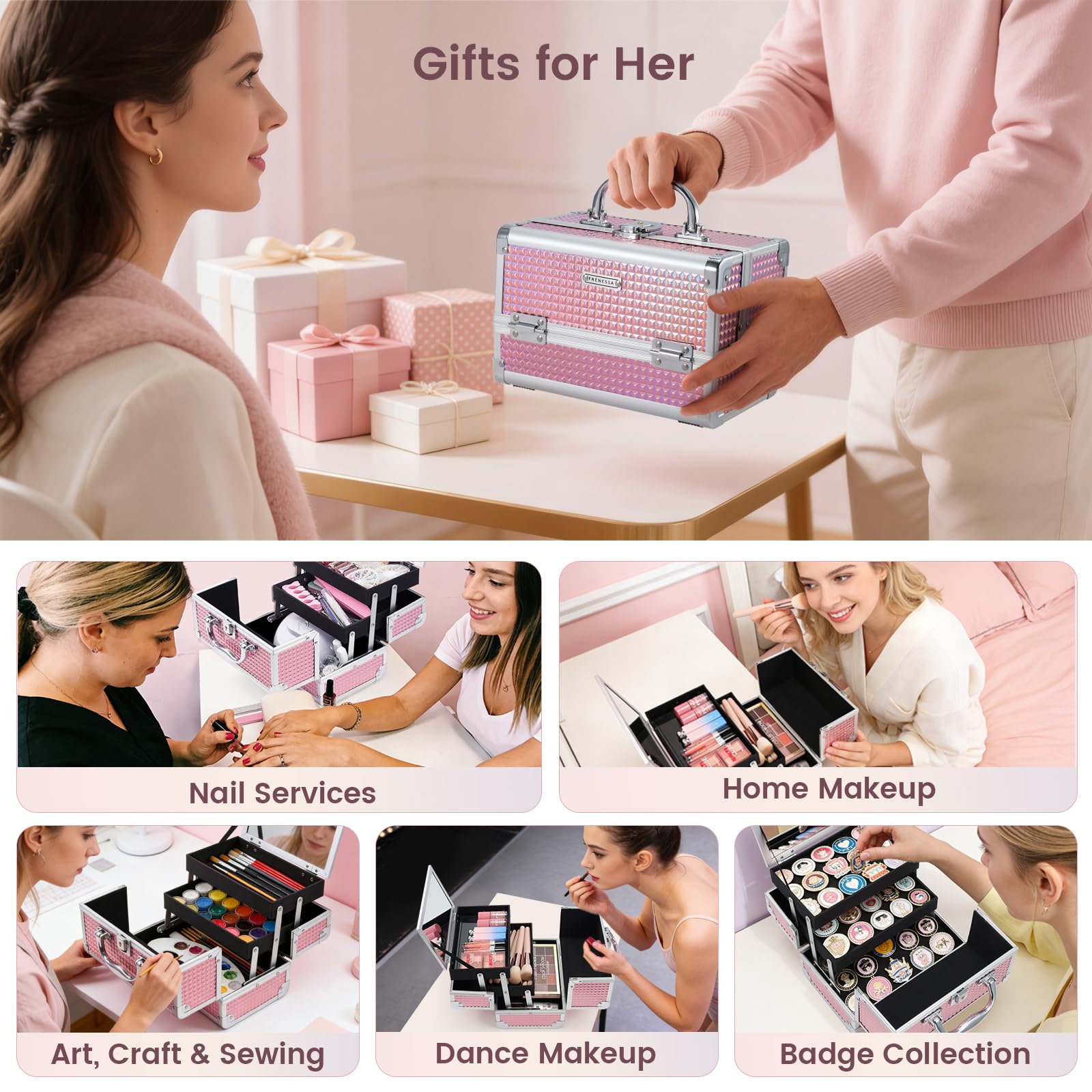 FRENESSA Makeup Train Case Organizer with Mirror and Lockable Storage
