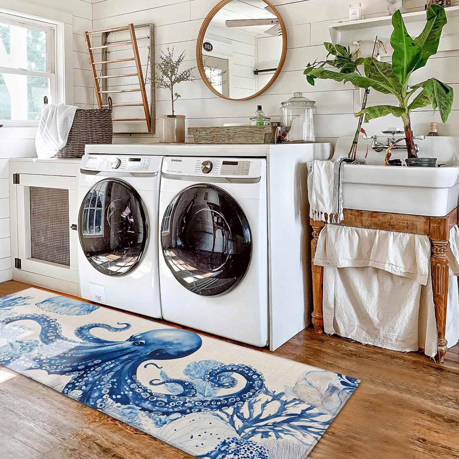Kitchen Mats for Floor Navy Blue Octopus on Vintage Linen Washable Non Slip Kitchen Rugs 2PCS, Ocean Shell Coral Absorbent Standing Mats for Sink Bathroom Office Living Room 15.7x23.6in+15.7x47.2in