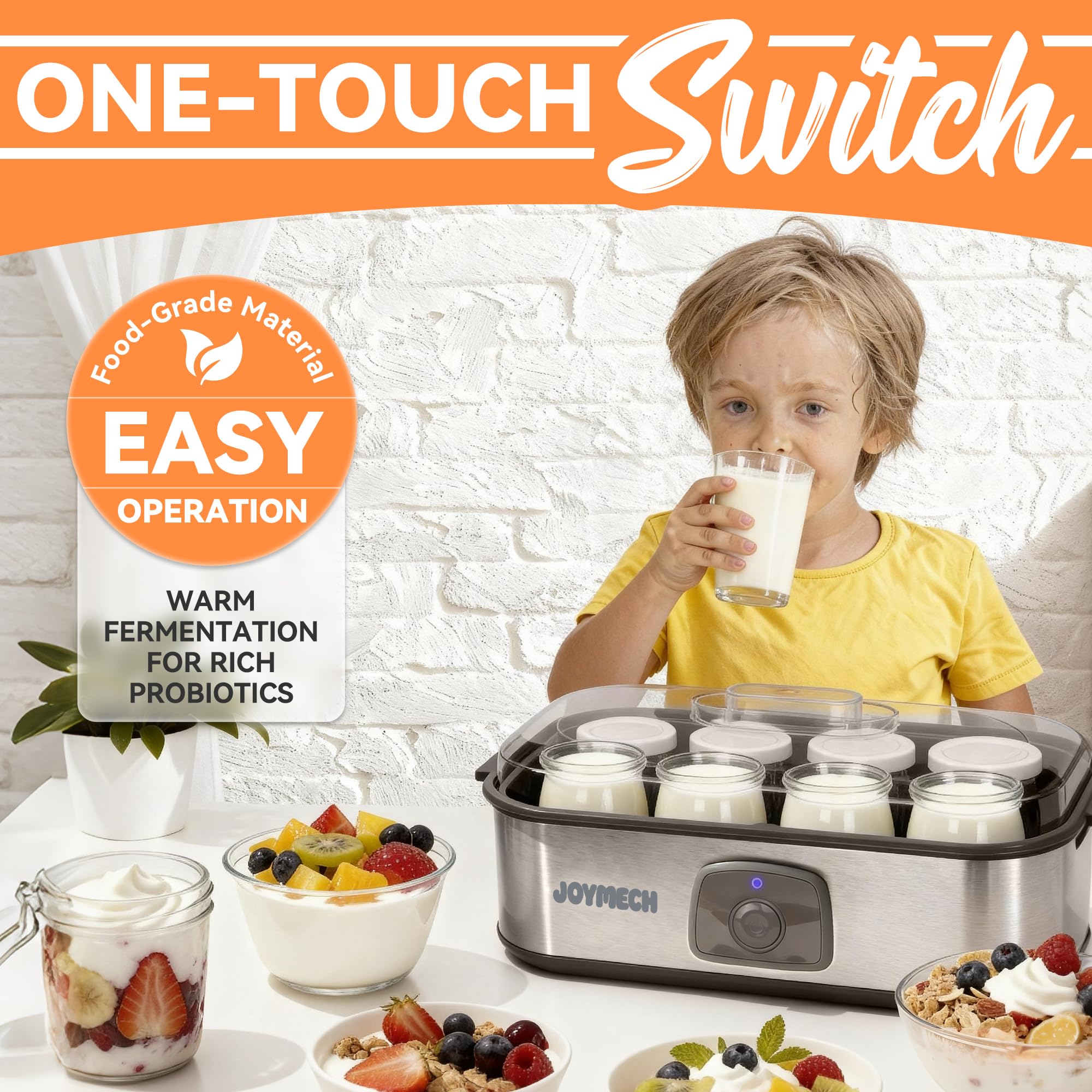 JoyMech Máquina para hacer yogurt, 8 tarros de vidrio con tapas reutilizables para yogur, avena, pudín o gelatina, marcial de grado alimenticio, control de un solo toque, yogur casero