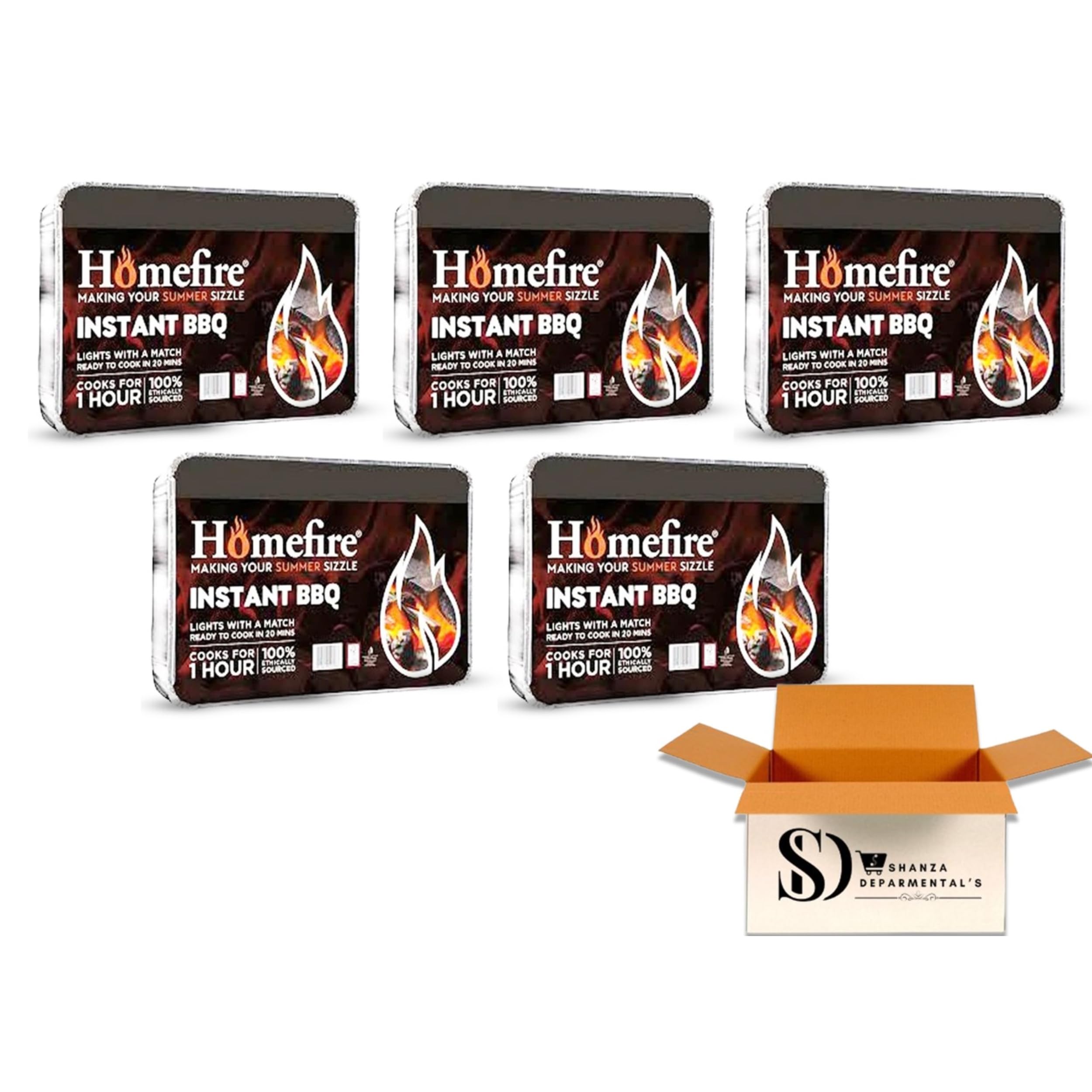Home-fire Large Instant Disposable BBQ โ Pack of 5 โ 1 Hour Burn Time Each โ All-in-One Family Size Portable Grills - Big Tray Format - L 29CM X W 24CM X H 4CM